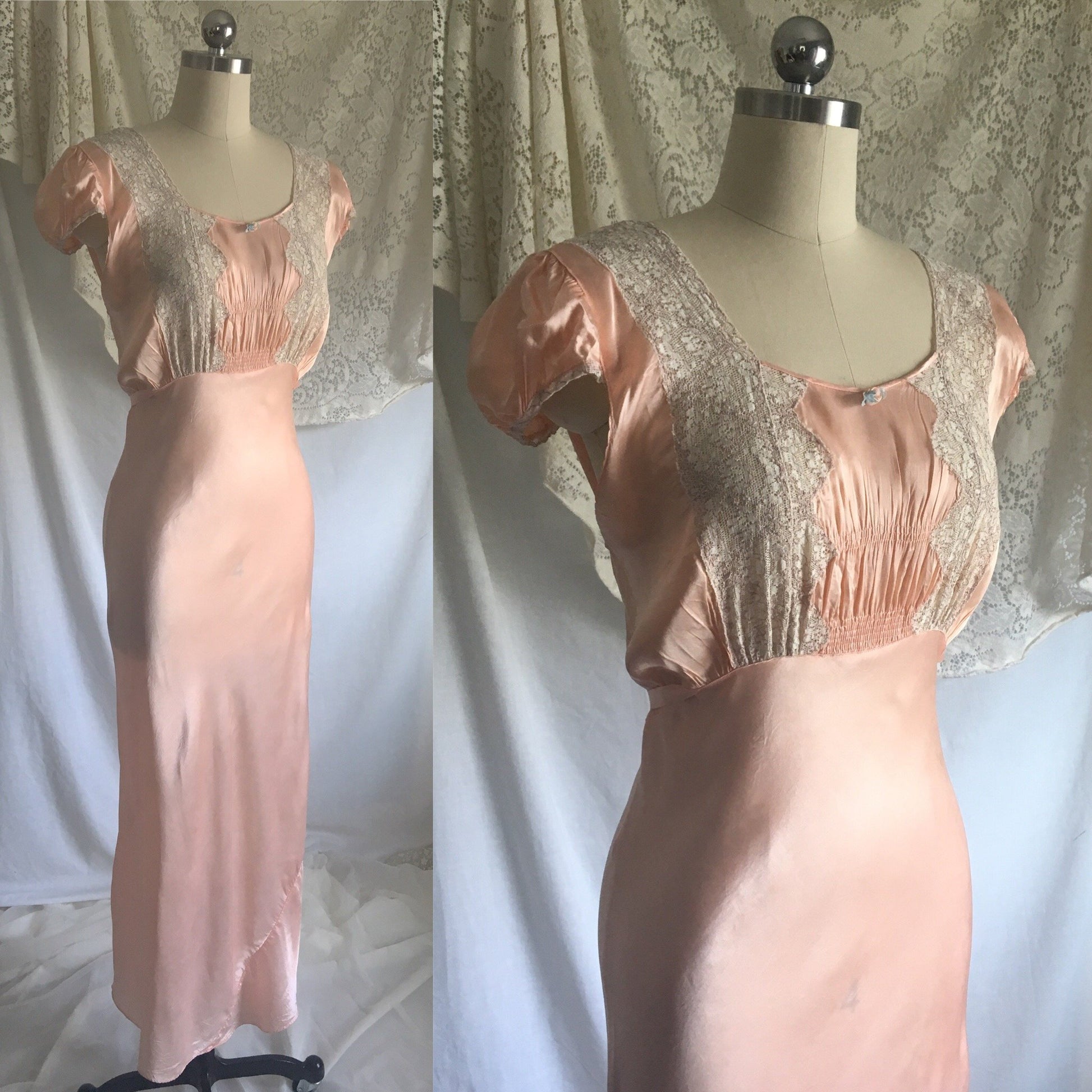 Vintage 1940's Nightgown | Rose Gold Pink Rayon Satin with Alençon Lace & Cap Sleeves | Size LG - Daggers & Dames