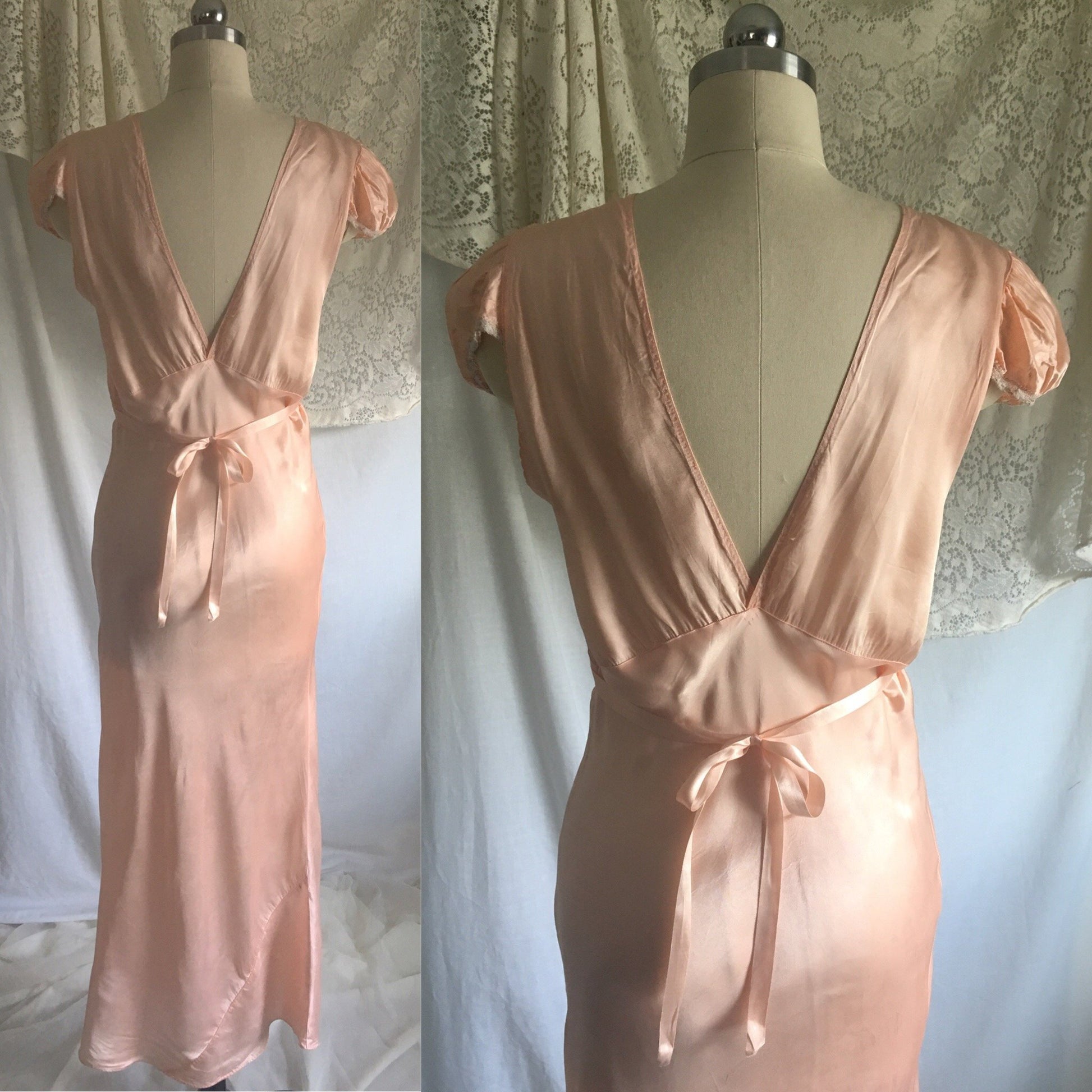 Vintage 1940's Nightgown | Rose Gold Pink Rayon Satin with Alençon Lace & Cap Sleeves | Size LG - Daggers & Dames