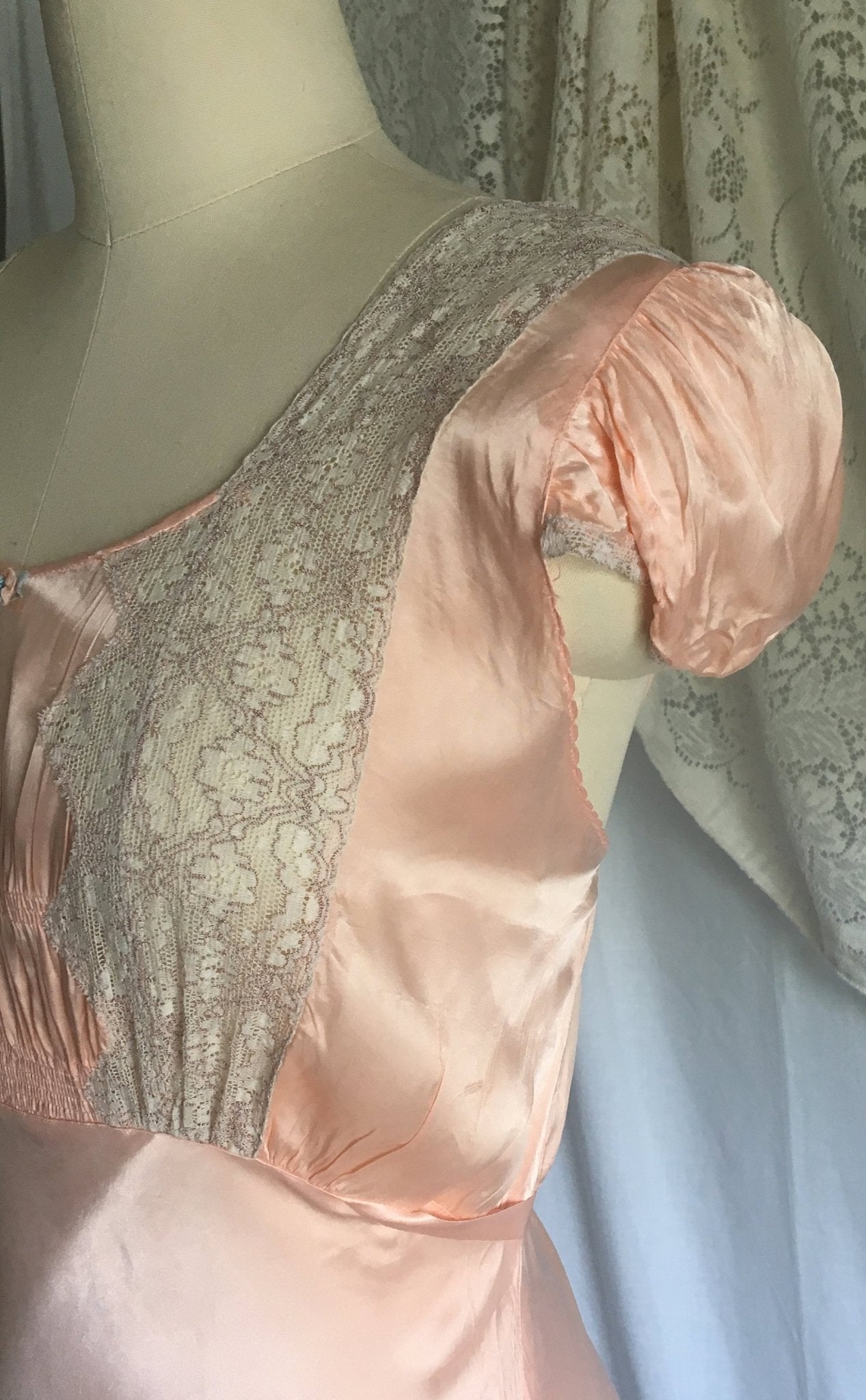 Vintage 1940's Nightgown | Rose Gold Pink Rayon Satin with Alençon Lace & Cap Sleeves | Size LG - Daggers & Dames