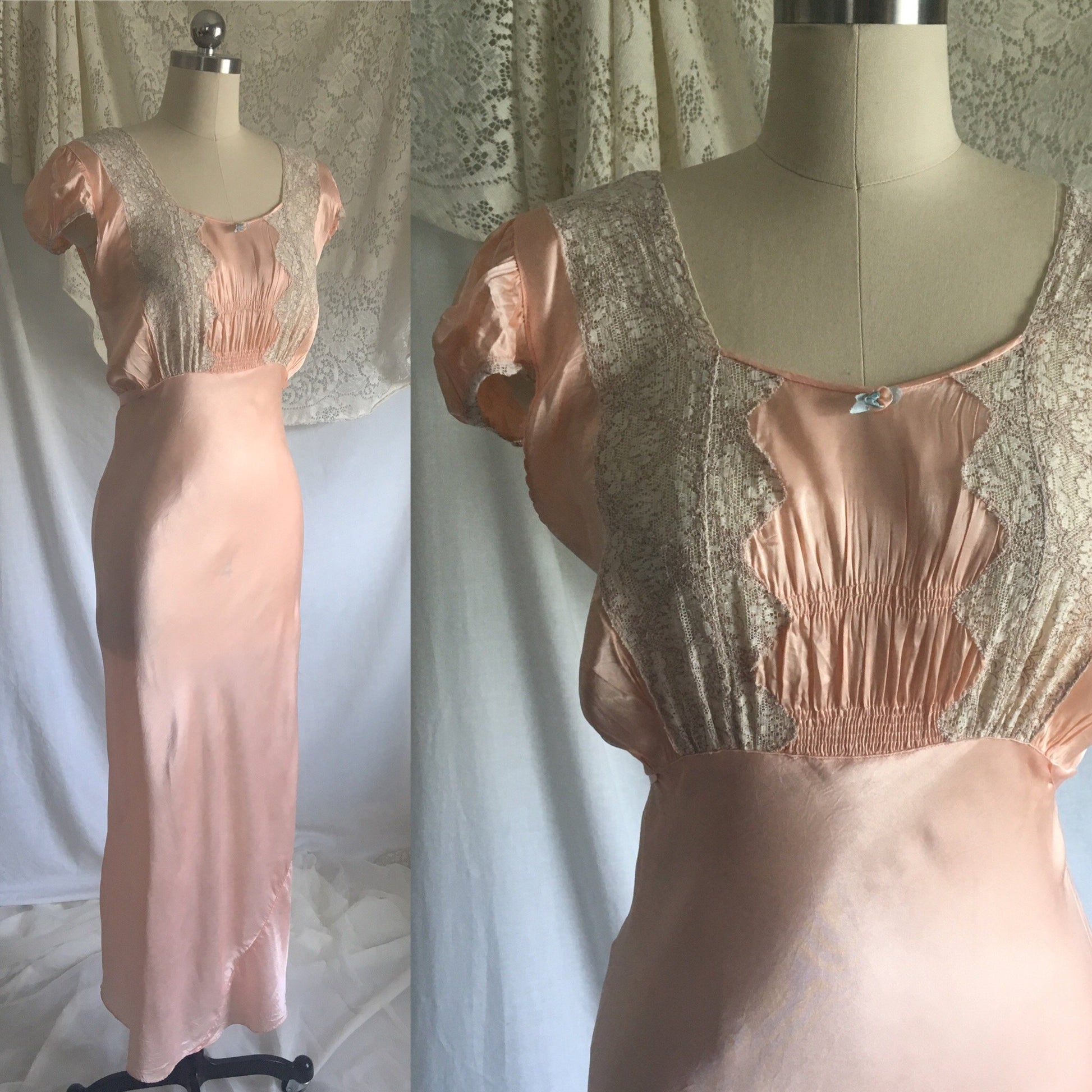 Vintage 1940's Nightgown | Rose Gold Pink Rayon Satin with Alençon Lace & Cap Sleeves | Size LG - Daggers & Dames