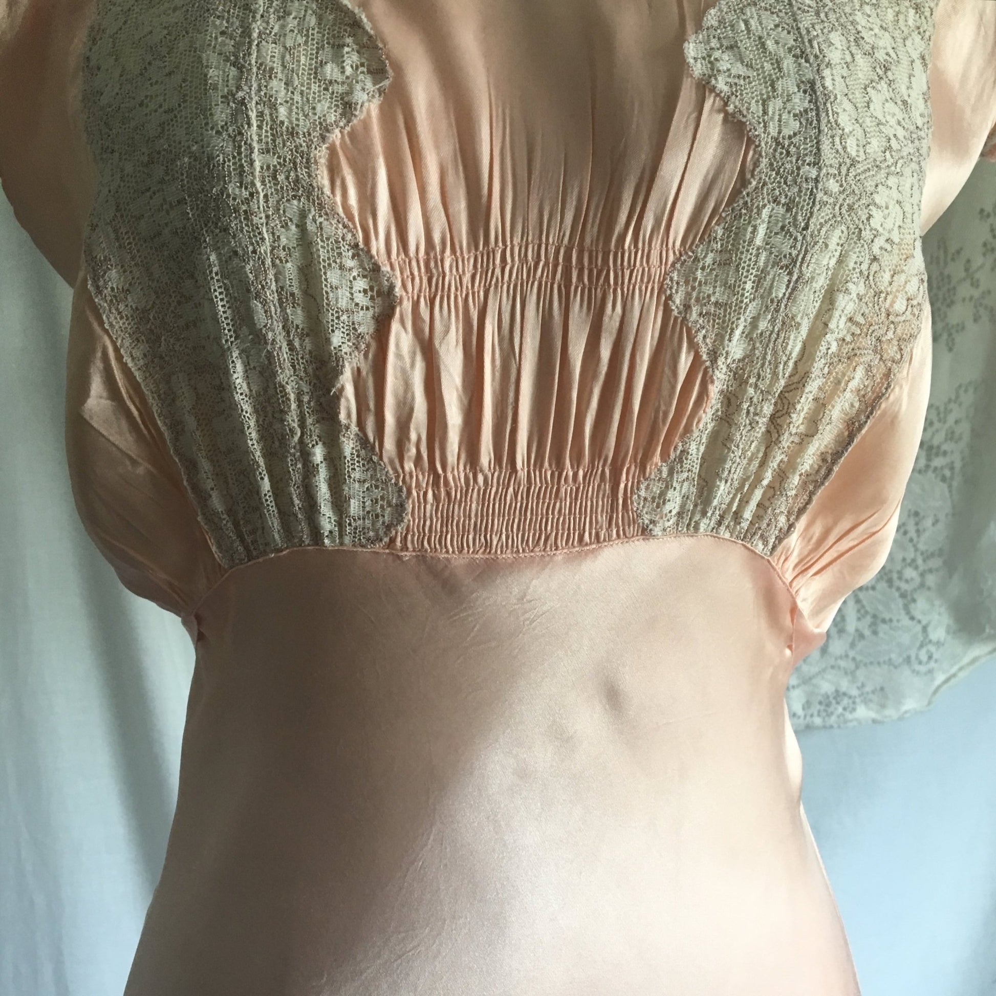 Vintage 1940's Nightgown | Rose Gold Pink Rayon Satin with Alençon Lace & Cap Sleeves | Size LG - Daggers & Dames