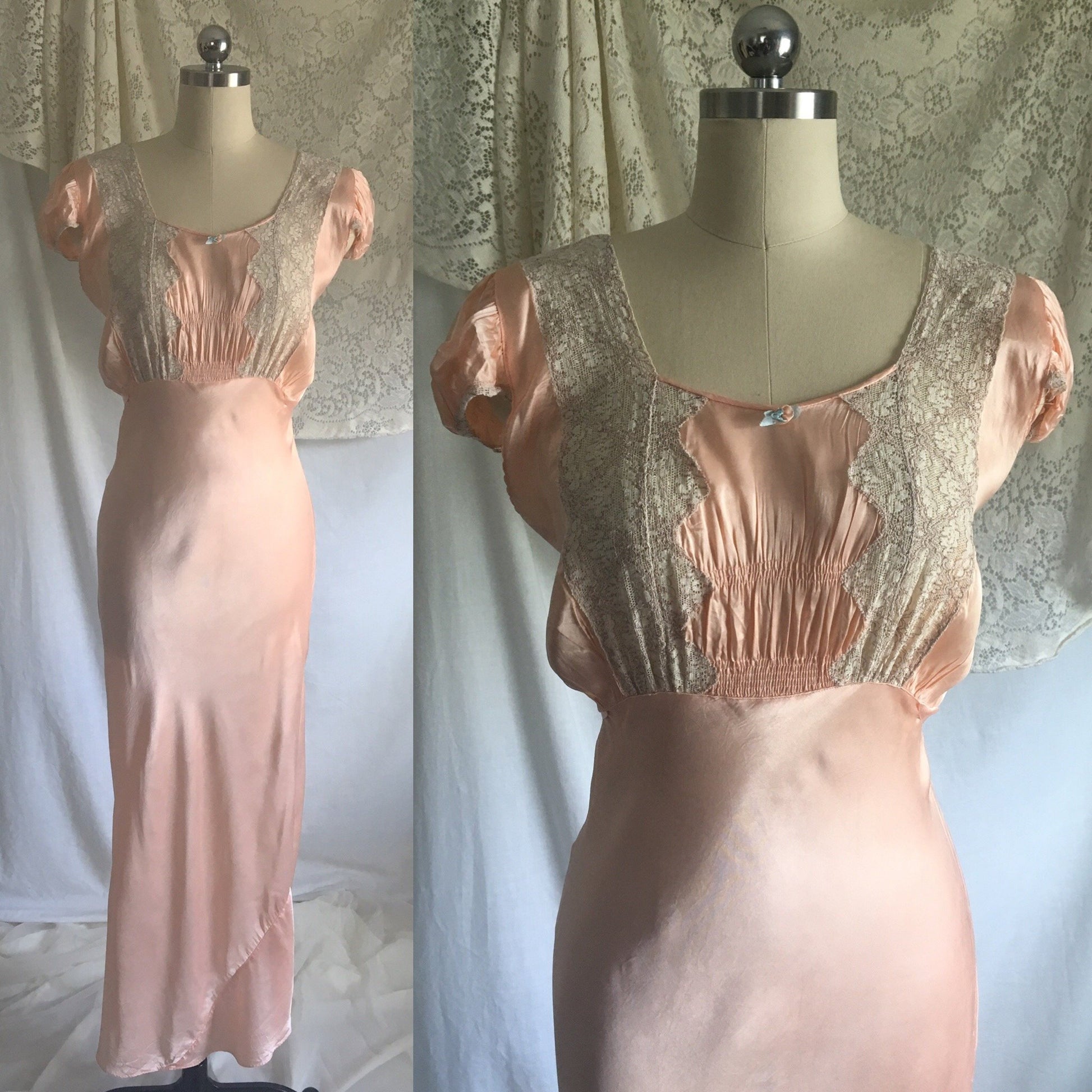 Vintage 1940's Nightgown | Rose Gold Pink Rayon Satin with Alençon Lace & Cap Sleeves | Size LG - Daggers & Dames