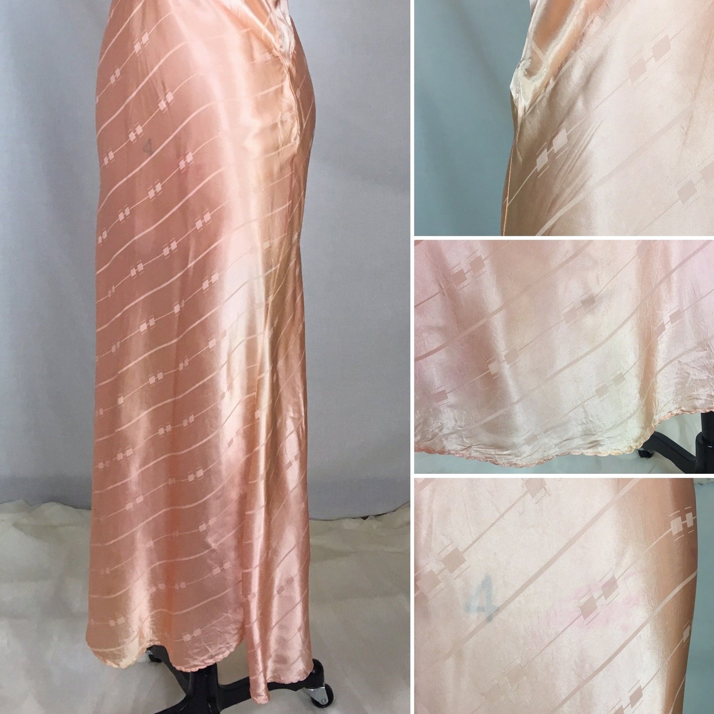 Vintage 1940's Nightgown | Rose Gold Pink Rayon Satin with Art Deco Brocade Pattern | Size MED, LG - Daggers & Dames