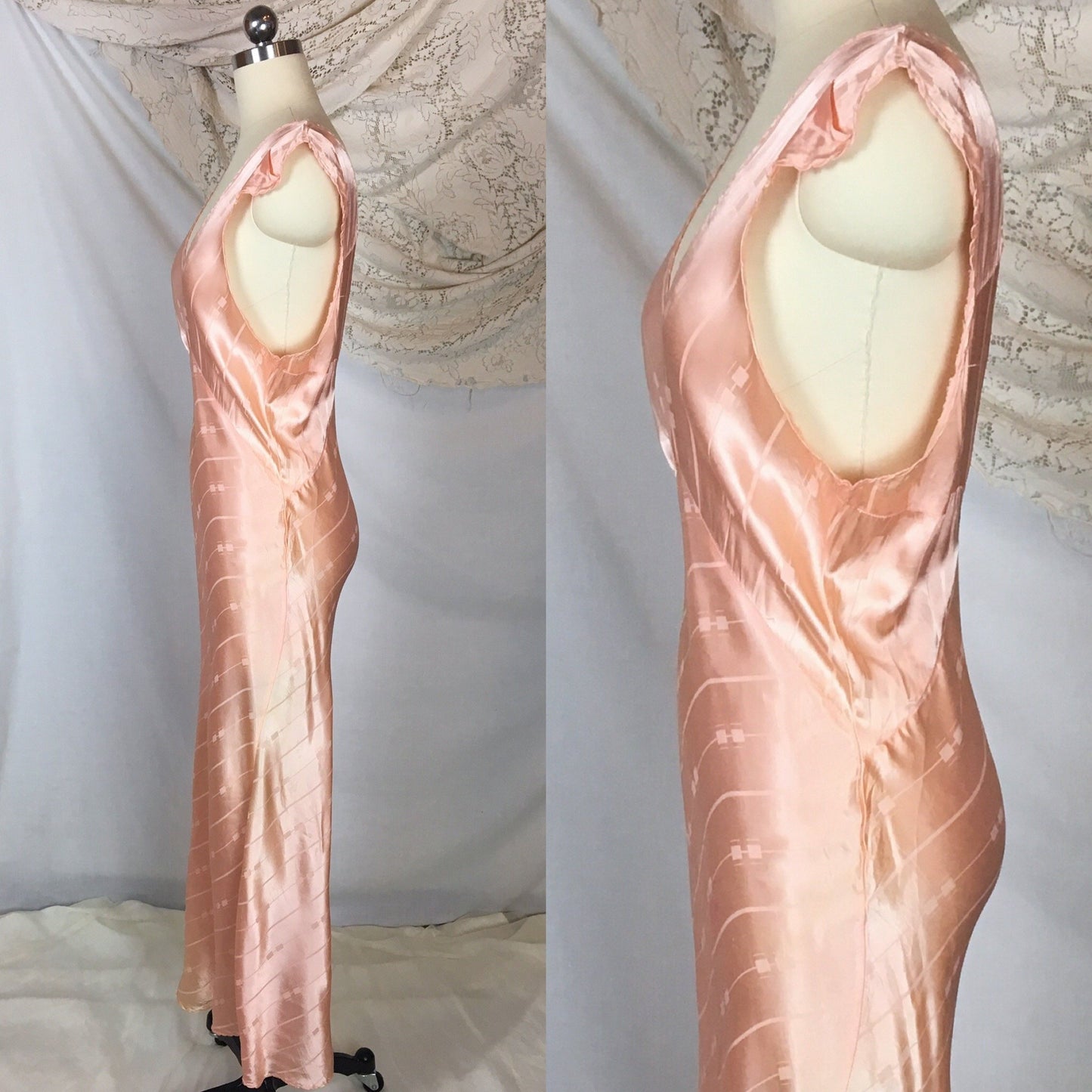 Vintage 1940's Nightgown | Rose Gold Pink Rayon Satin with Art Deco Brocade Pattern | Size MED, LG - Daggers & Dames