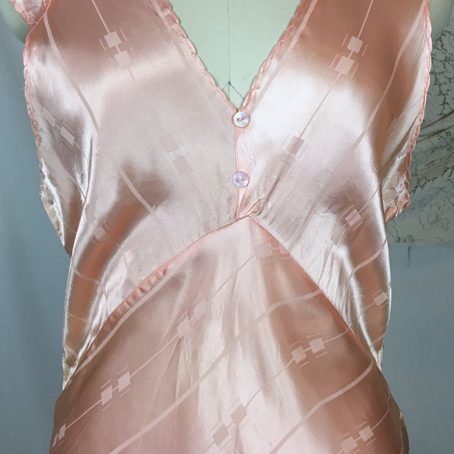 Vintage 1940's Nightgown | Rose Gold Pink Rayon Satin with Art Deco Brocade Pattern | Size MED, LG - Daggers & Dames