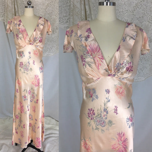 Vintage 1940's Nightgown | Rose Gold Pink Rayon Satin with Bright Floral Print | Fruit of the Loom | Size LG - Daggers & Dames