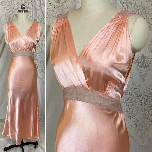 Vintage 1940's Nightgown | Rose Gold Pink Rayon Satin with Warm Nude Tambour Lace | Size S, M | Never Worn - Daggers & Dames