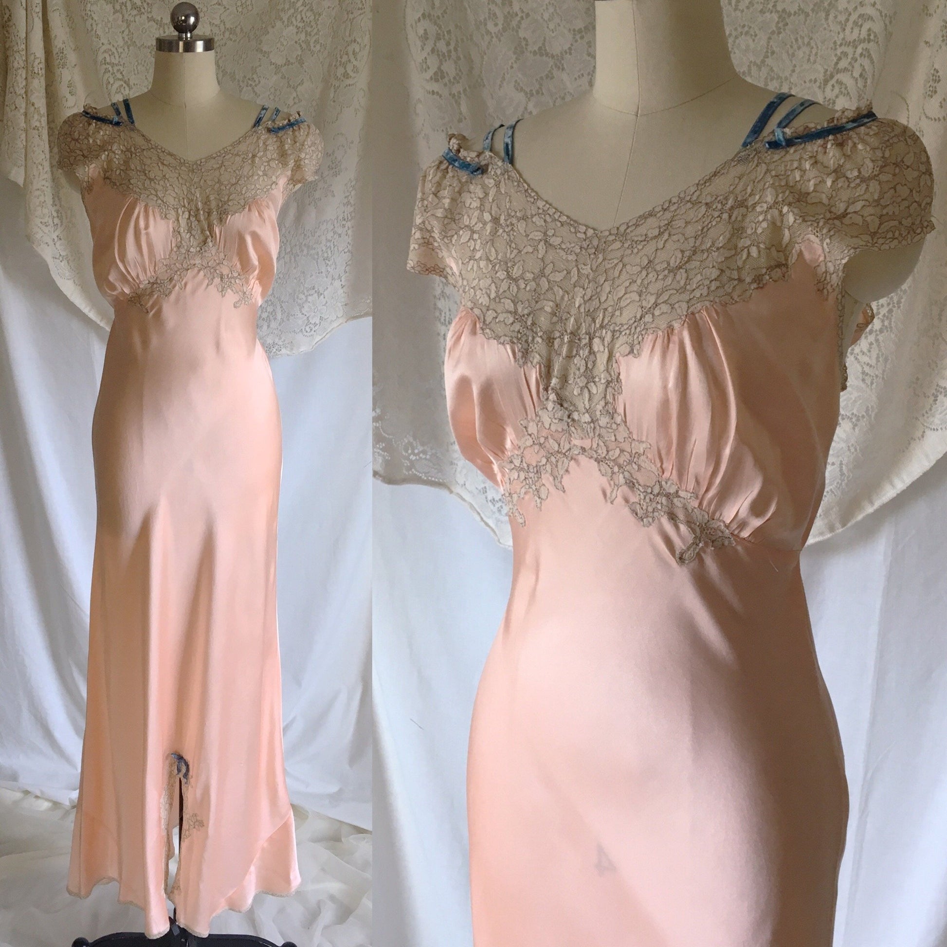 Vintage 1940's Nightgown | Rose Gold Pink Silk with Alencon Lace & Blue Velvet Straps | Miss D. Benay | Size M, LG - Daggers & Dames