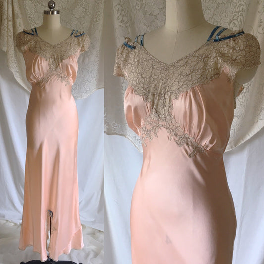Vintage 1940's Nightgown | Rose Gold Pink Silk with Alencon Lace & Blue Velvet Straps | Miss D. Benay | Size M, LG - Daggers & Dames