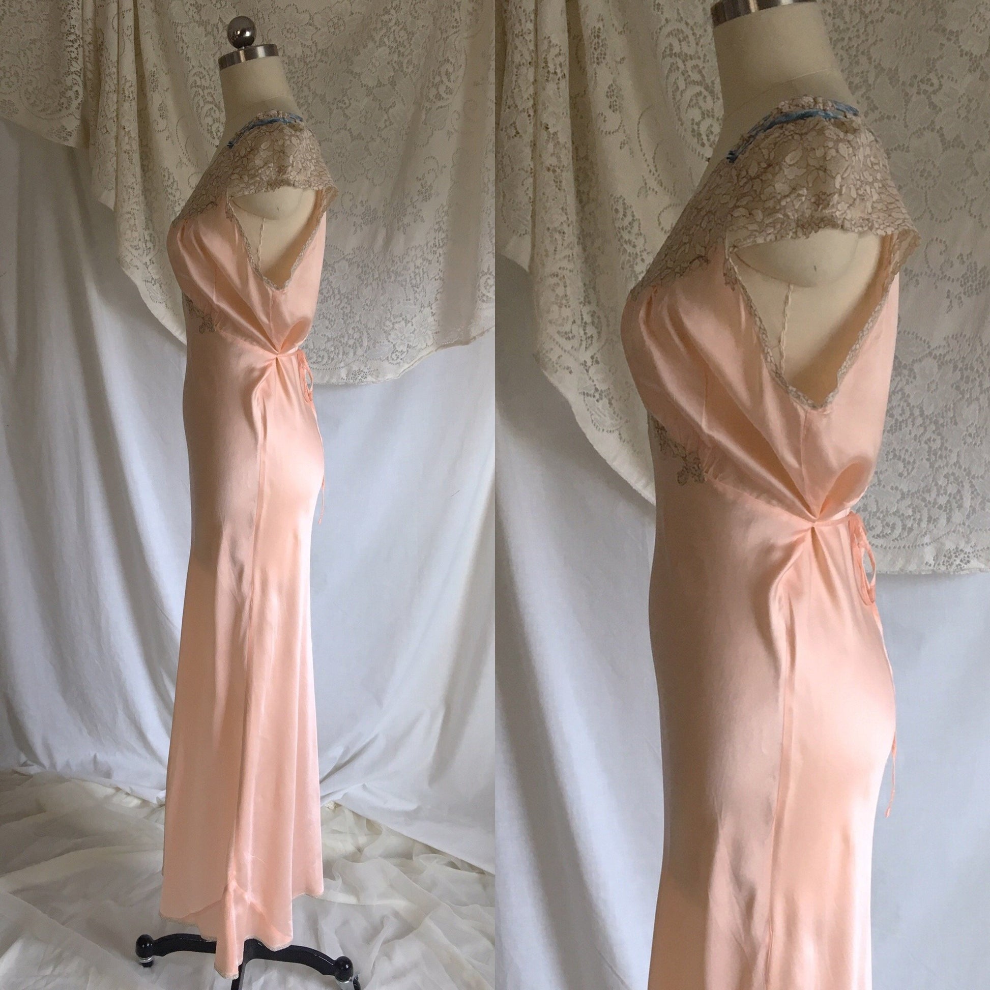 Vintage 1940's Nightgown | Rose Gold Pink Silk with Alencon Lace & Blue Velvet Straps | Miss D. Benay | Size M, LG - Daggers & Dames