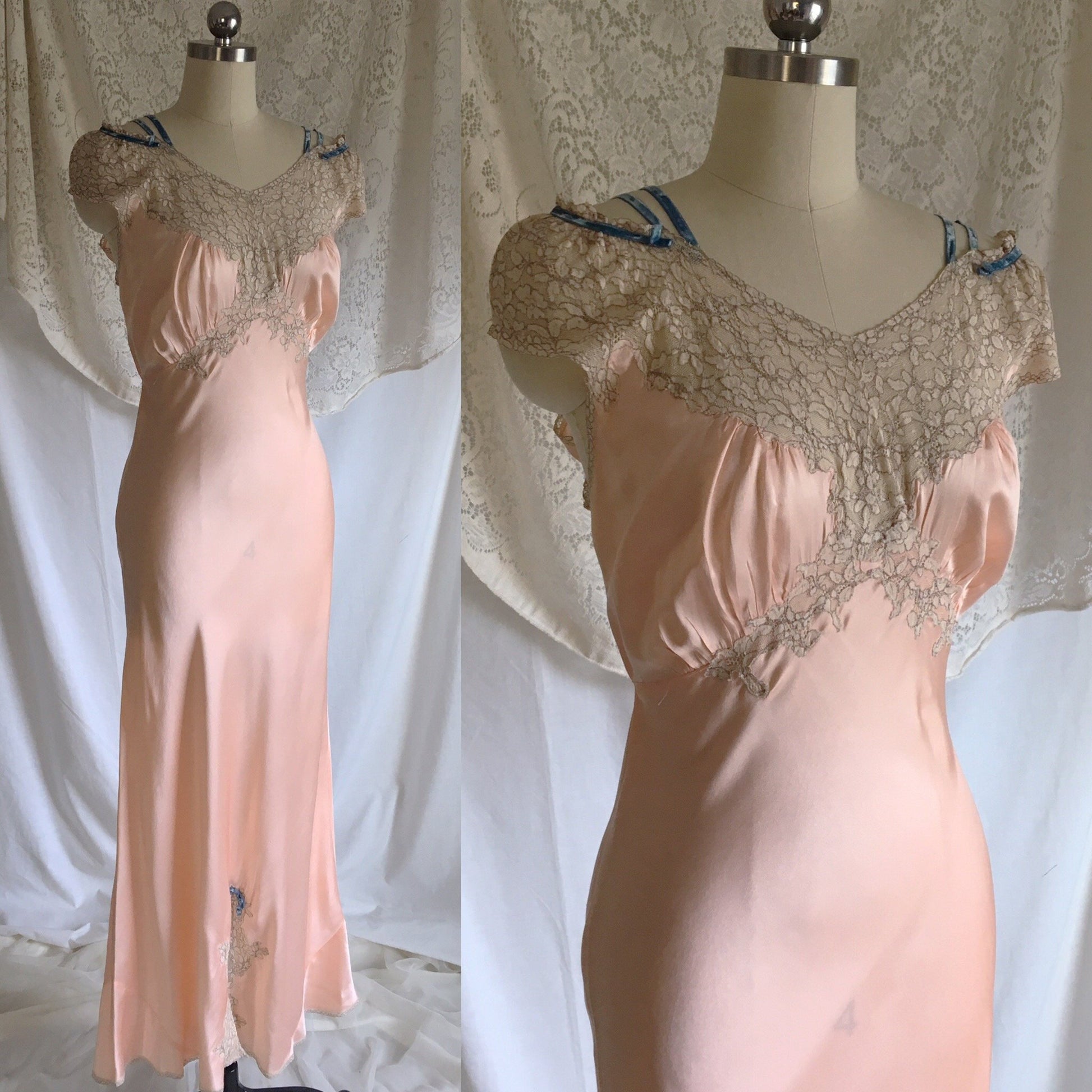 Vintage 1940's Nightgown | Rose Gold Pink Silk with Alencon Lace & Blue Velvet Straps | Miss D. Benay | Size M, LG - Daggers & Dames