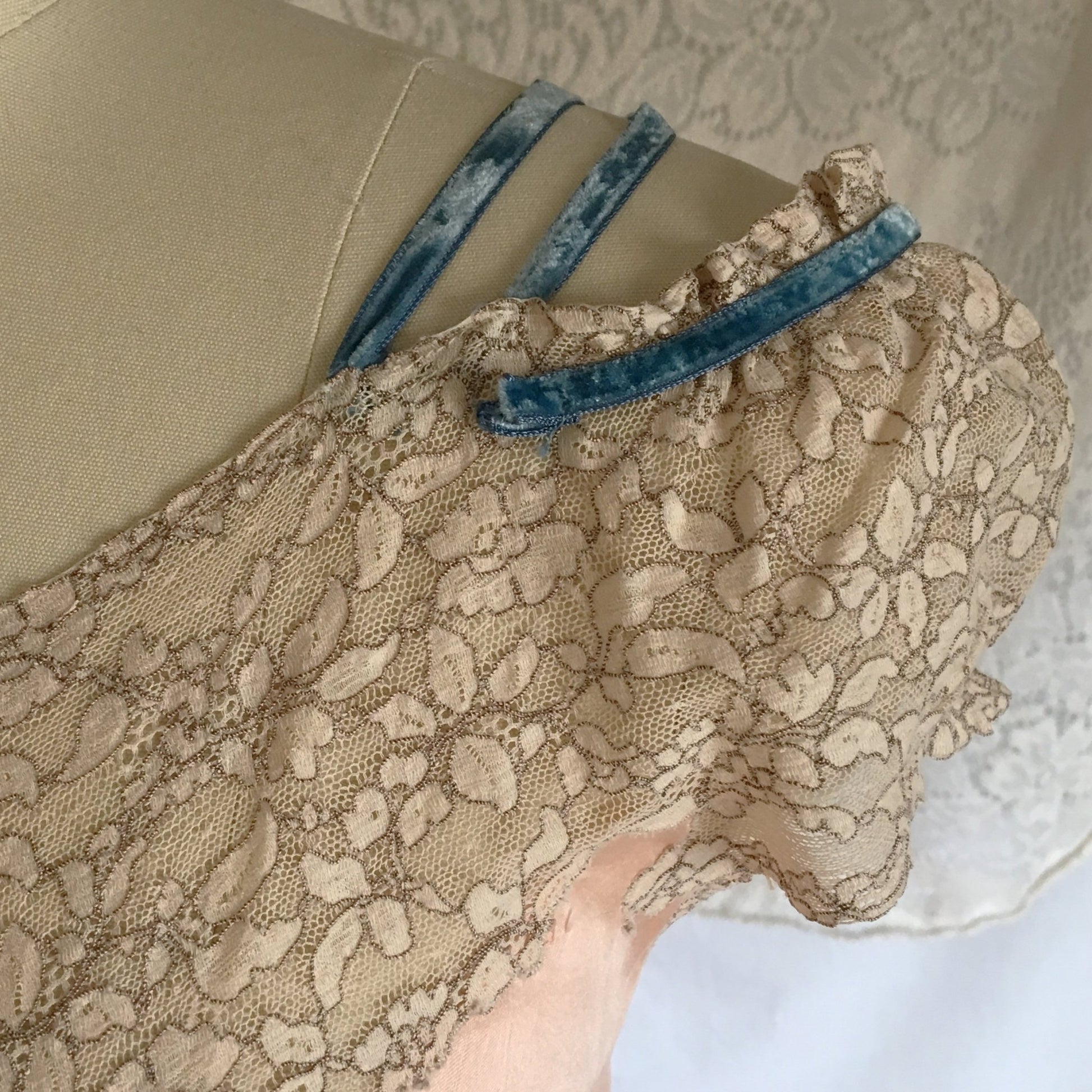 Vintage 1940's Nightgown | Rose Gold Pink Silk with Alencon Lace & Blue Velvet Straps | Miss D. Benay | Size M, LG - Daggers & Dames