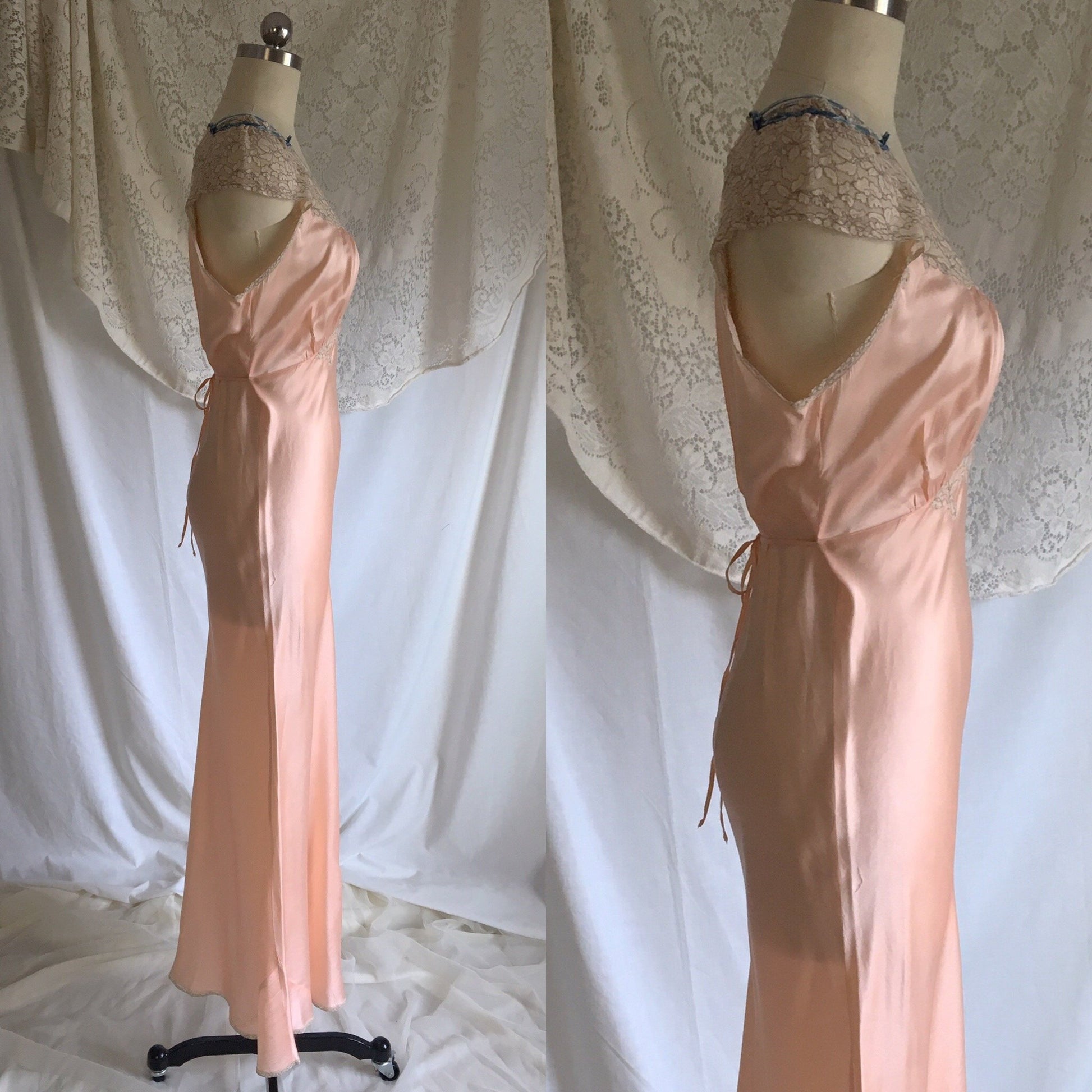 Vintage 1940's Nightgown | Rose Gold Pink Silk with Alencon Lace & Blue Velvet Straps | Miss D. Benay | Size M, LG - Daggers & Dames