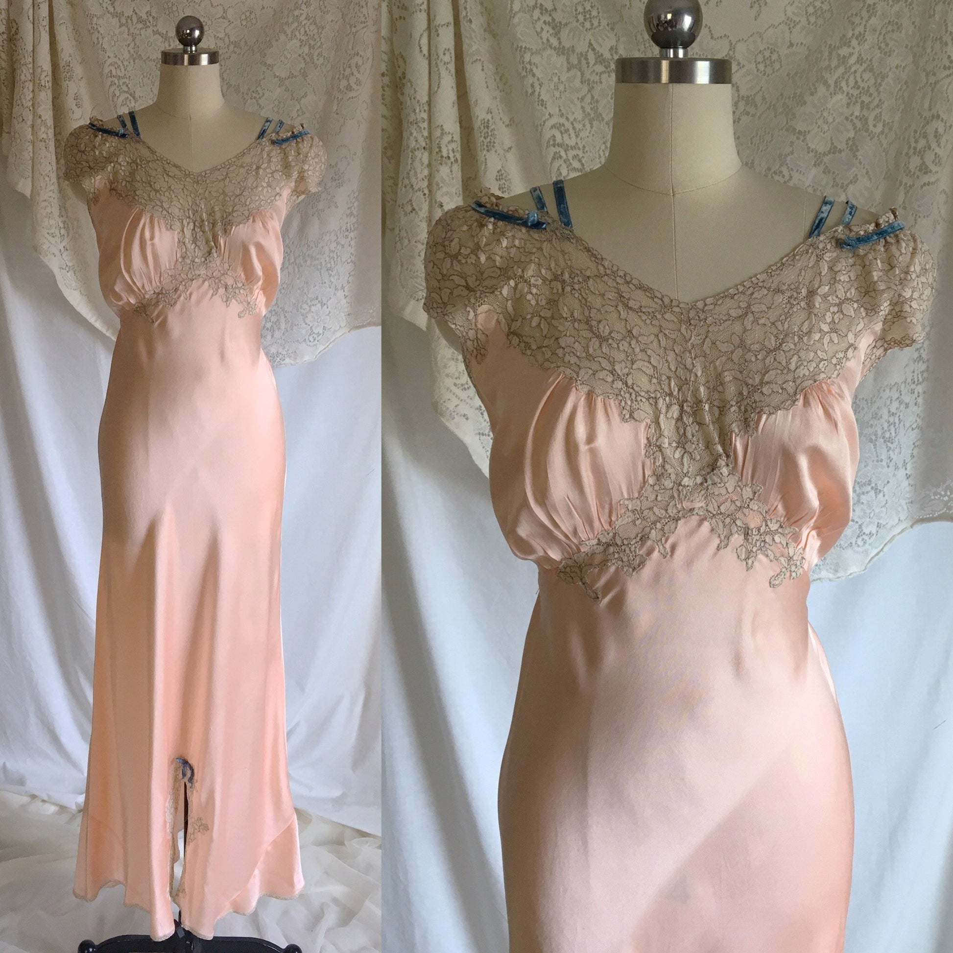 Vintage 1940's Nightgown | Rose Gold Pink Silk with Alencon Lace & Blue Velvet Straps | Miss D. Benay | Size M, LG - Daggers & Dames