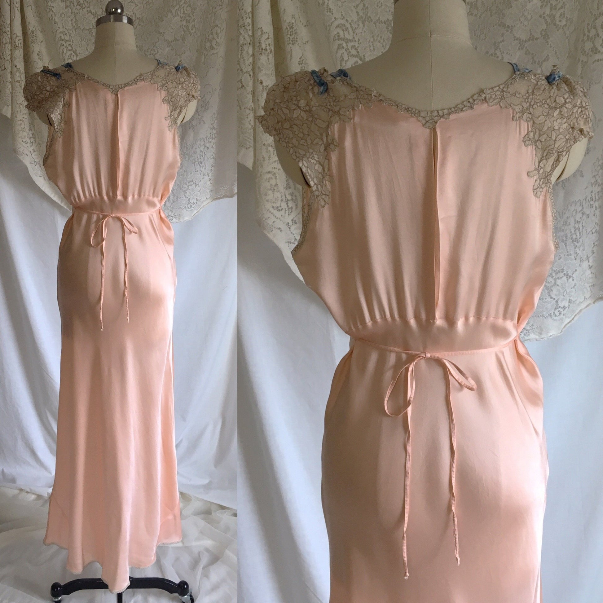 Vintage 1940's Nightgown | Rose Gold Pink Silk with Alencon Lace & Blue Velvet Straps | Miss D. Benay | Size M, LG - Daggers & Dames