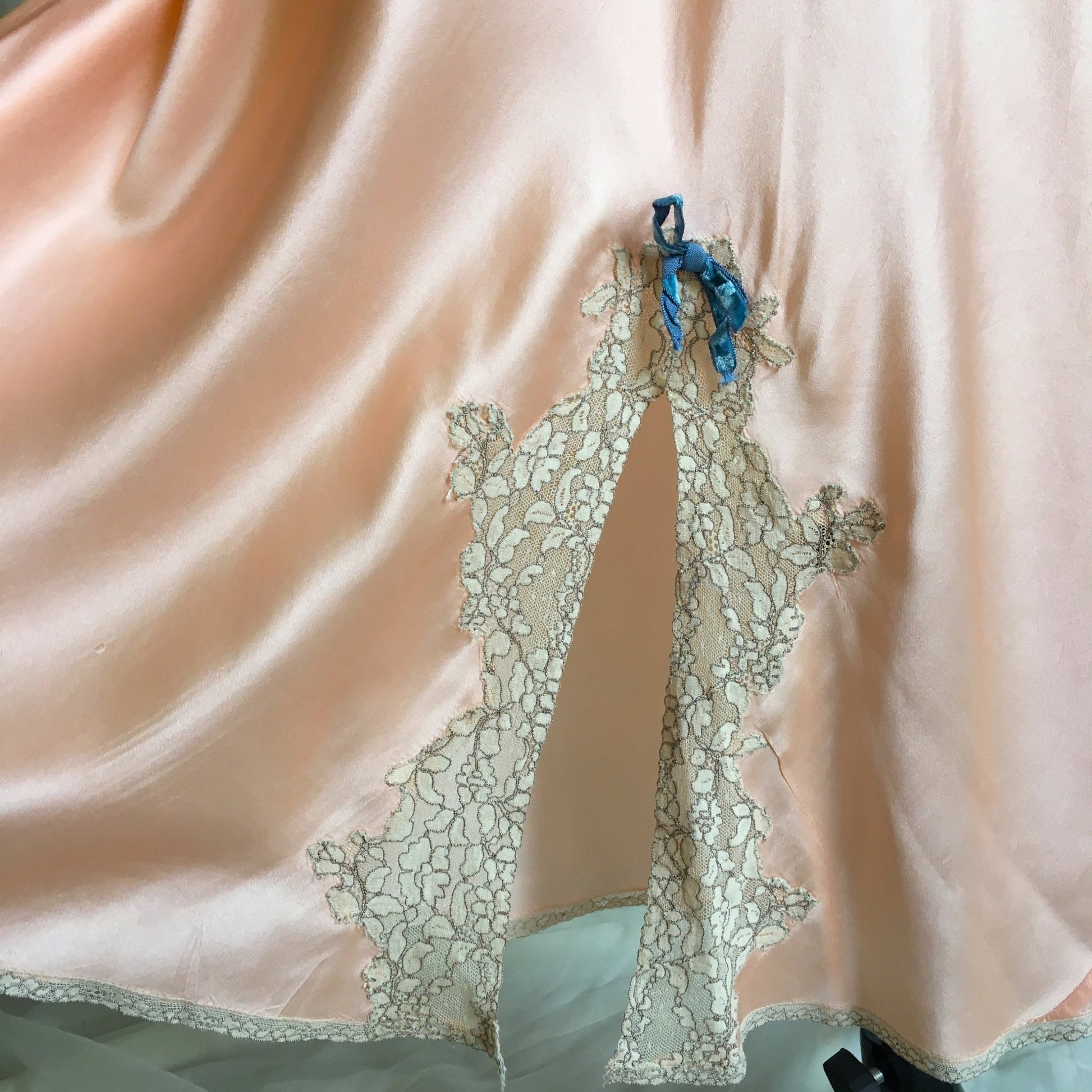 Vintage 1940's Nightgown | Rose Gold Pink Silk with Alencon Lace & Blue Velvet Straps | Miss D. Benay | Size M, LG - Daggers & Dames