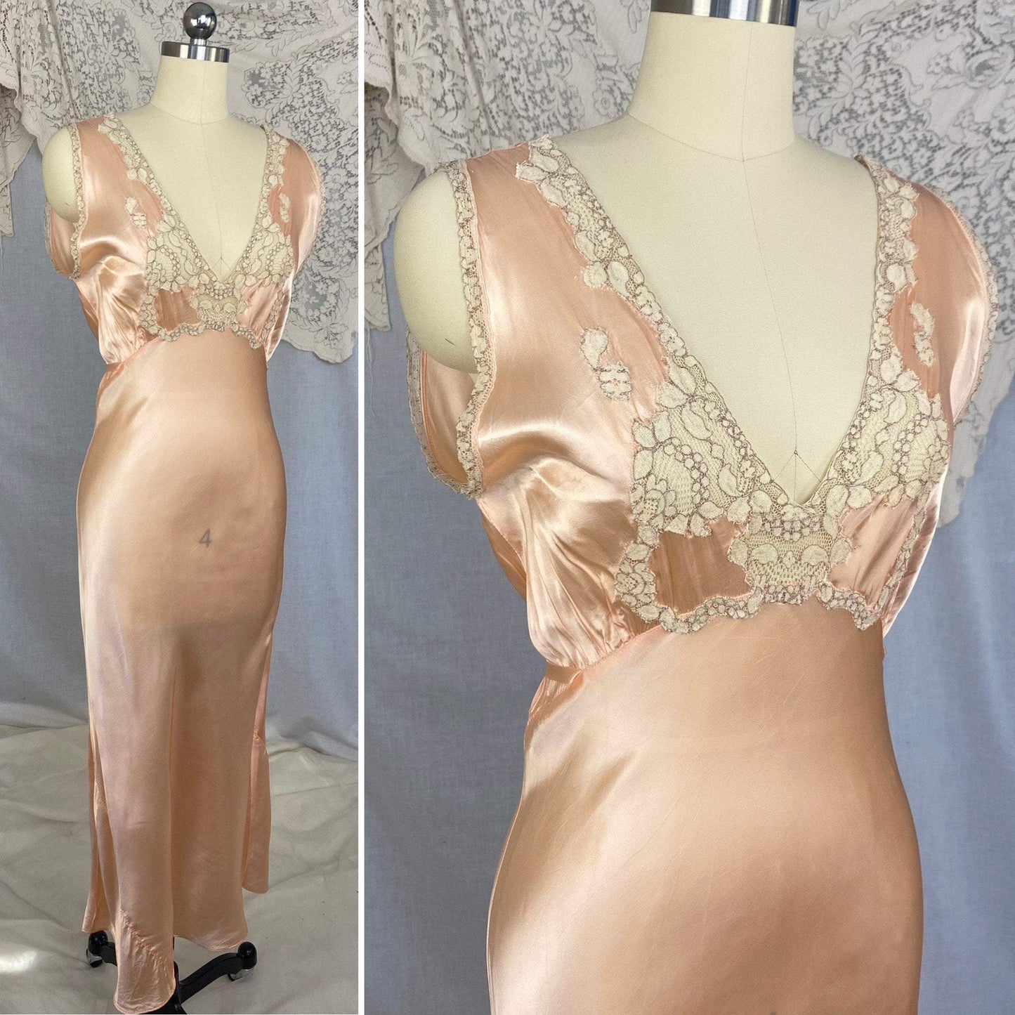 Vintage 1940's Nightgown | Rose Gold Rayon Satin with Ivory Alençon Lace | Size 36-38 Bust, M, LG | Never Worn - Daggers & Dames