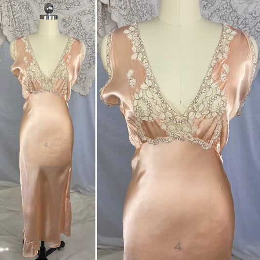 Vintage 1940's Nightgown | Rose Gold Rayon Satin with Ivory Alençon Lace | Size 36-38 Bust, M, LG | Never Worn - Daggers & Dames
