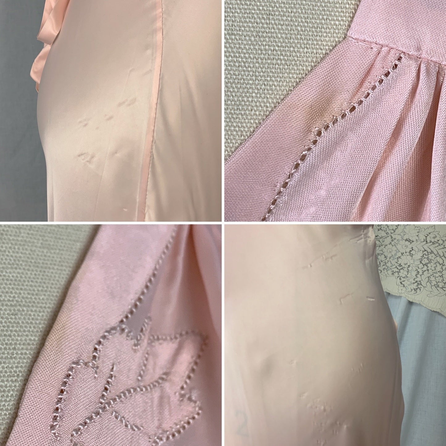 Vintage 1940's Nightgown | Rose Pink Rayon Satin with Hand Stitching & Floral Applique | Size XS | R.H. Macy Co. - Daggers & Dames