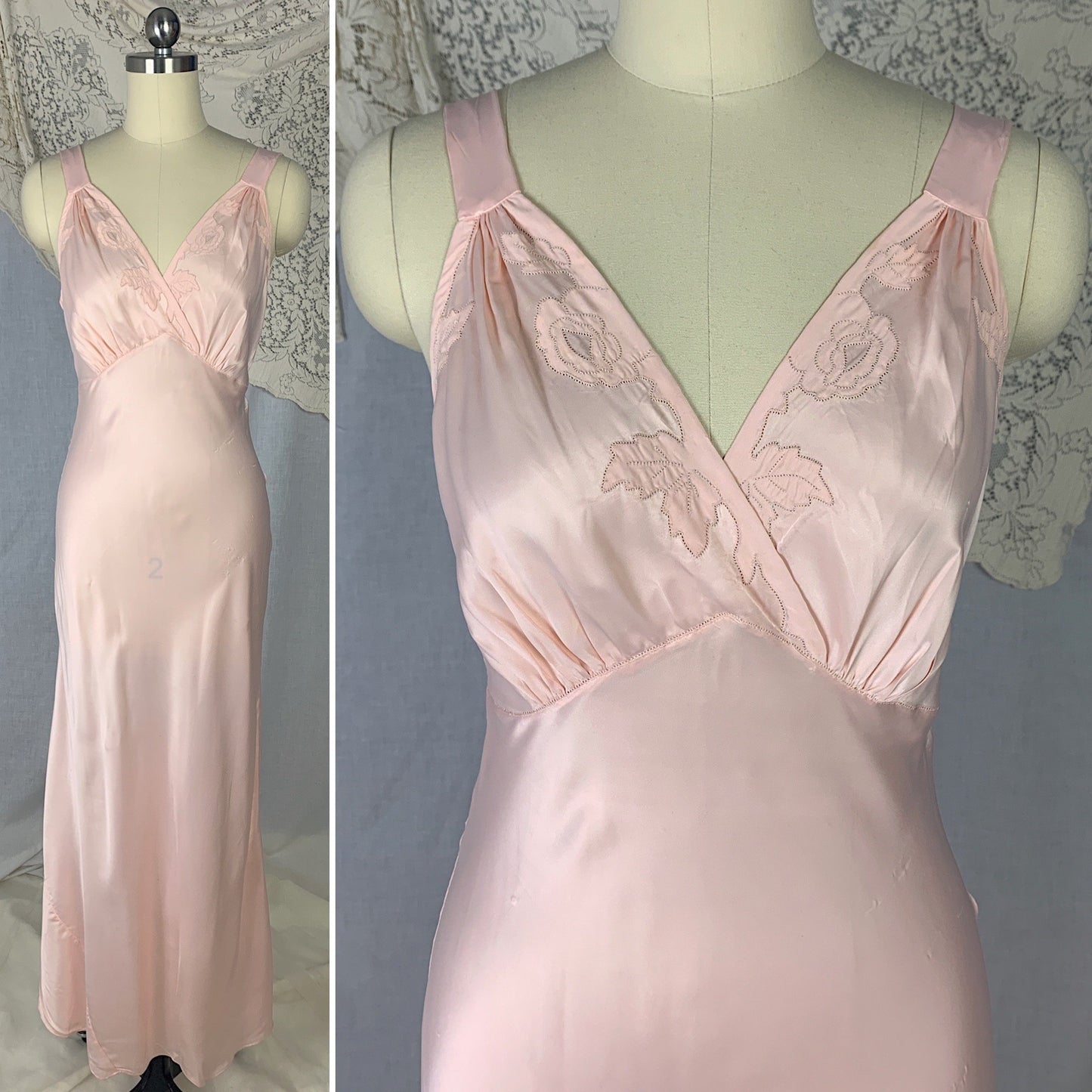 Vintage 1940's Nightgown | Rose Pink Rayon Satin with Hand Stitching & Floral Applique | Size XS | R.H. Macy Co. - Daggers & Dames