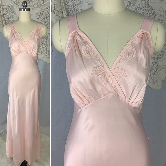 Vintage 1940's Nightgown | Rose Pink Rayon Satin with Hand Stitching & Floral Applique | Size XS | R.H. Macy Co. - Daggers & Dames