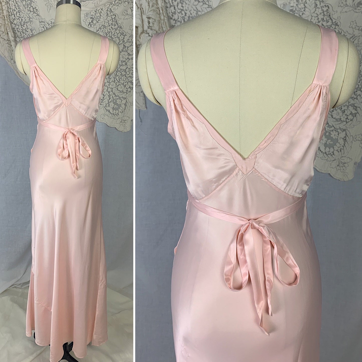 Vintage 1940's Nightgown | Rose Pink Rayon Satin with Hand Stitching & Floral Applique | Size XS | R.H. Macy Co. - Daggers & Dames