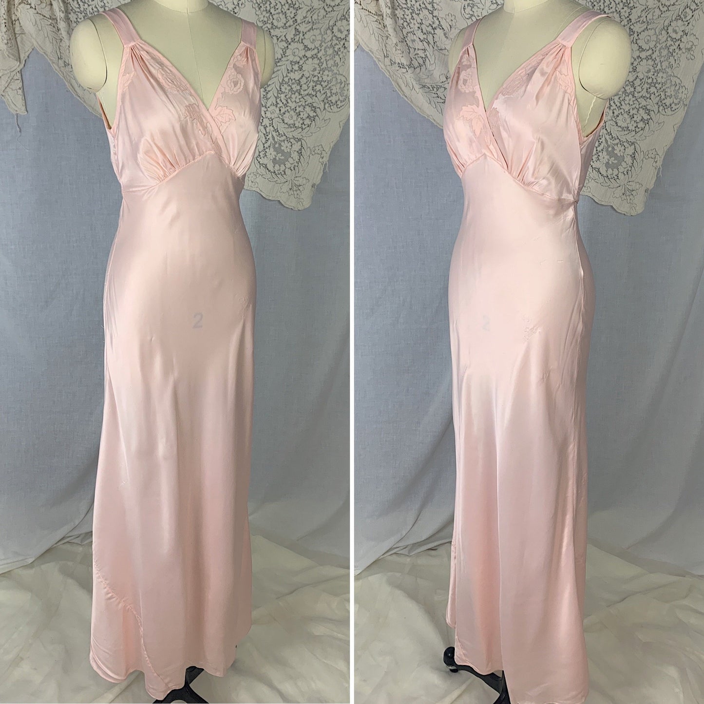 Vintage 1940's Nightgown | Rose Pink Rayon Satin with Hand Stitching & Floral Applique | Size XS | R.H. Macy Co. - Daggers & Dames