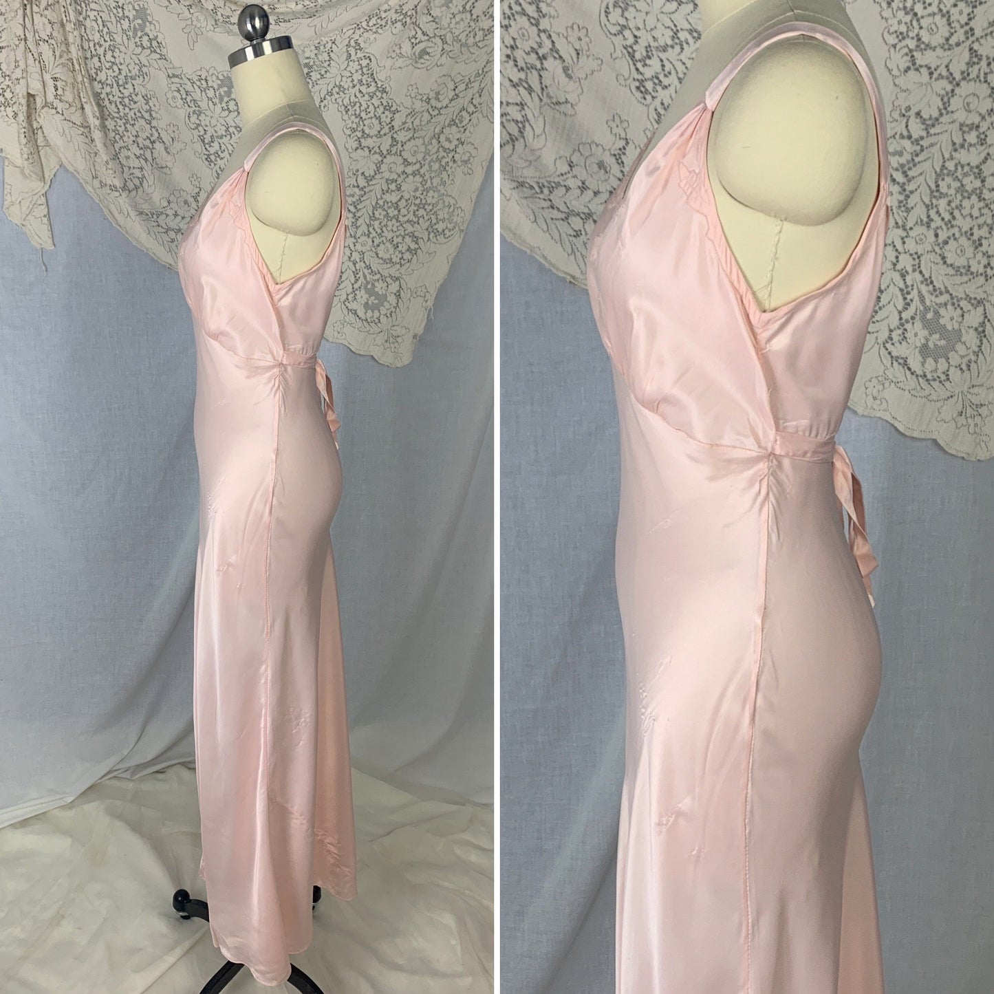 Vintage 1940's Nightgown | Rose Pink Rayon Satin with Hand Stitching & Floral Applique | Size XS | R.H. Macy Co. - Daggers & Dames