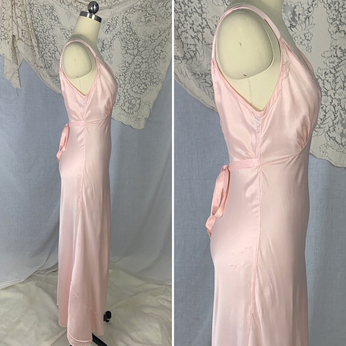 Vintage 1940's Nightgown | Rose Pink Rayon Satin with Hand Stitching & Floral Applique | Size XS | R.H. Macy Co. - Daggers & Dames