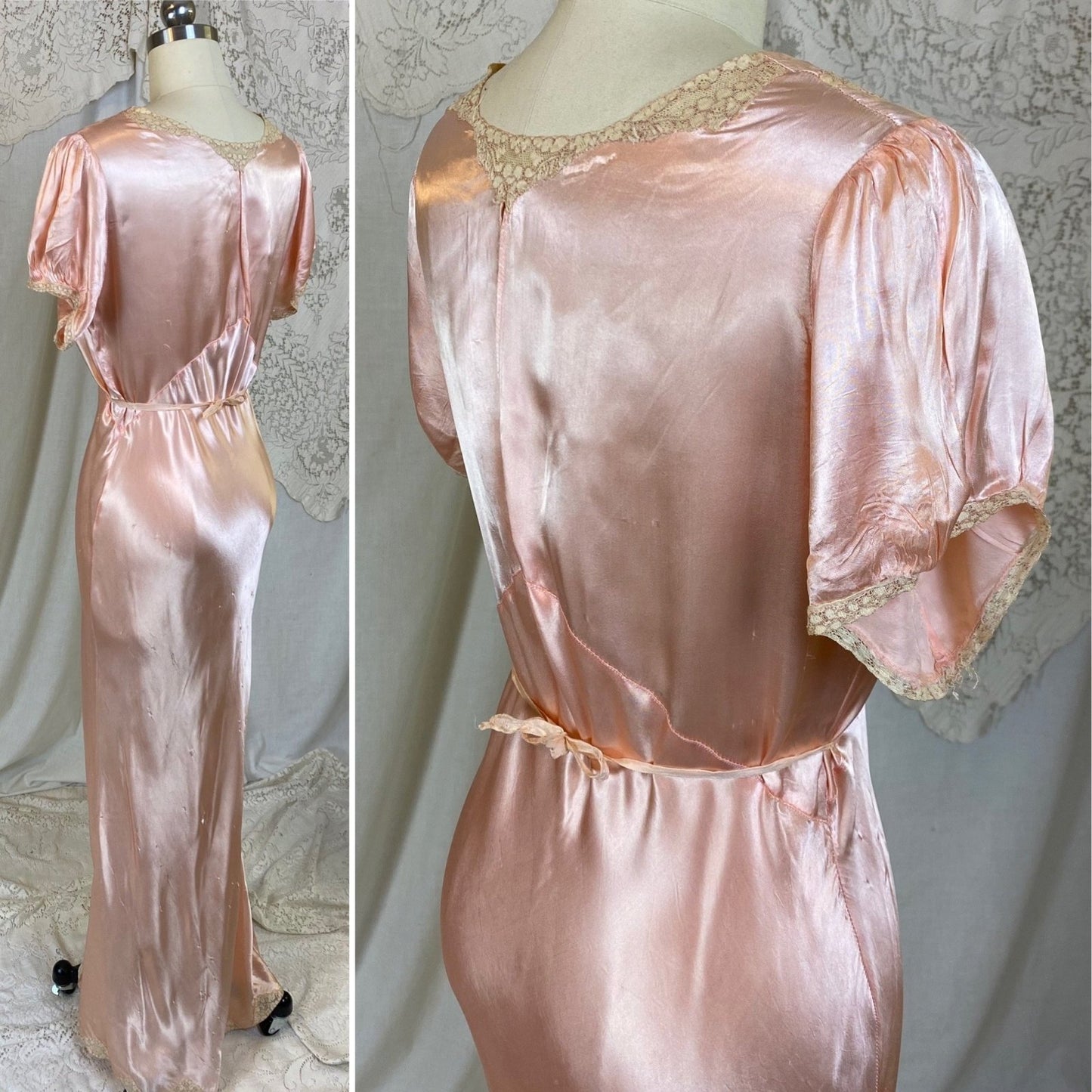 Vintage 1940's Nightgown | Rose Pink Rayon Satin with Ivory Floral Lace | Size M, LG - Daggers & Dames