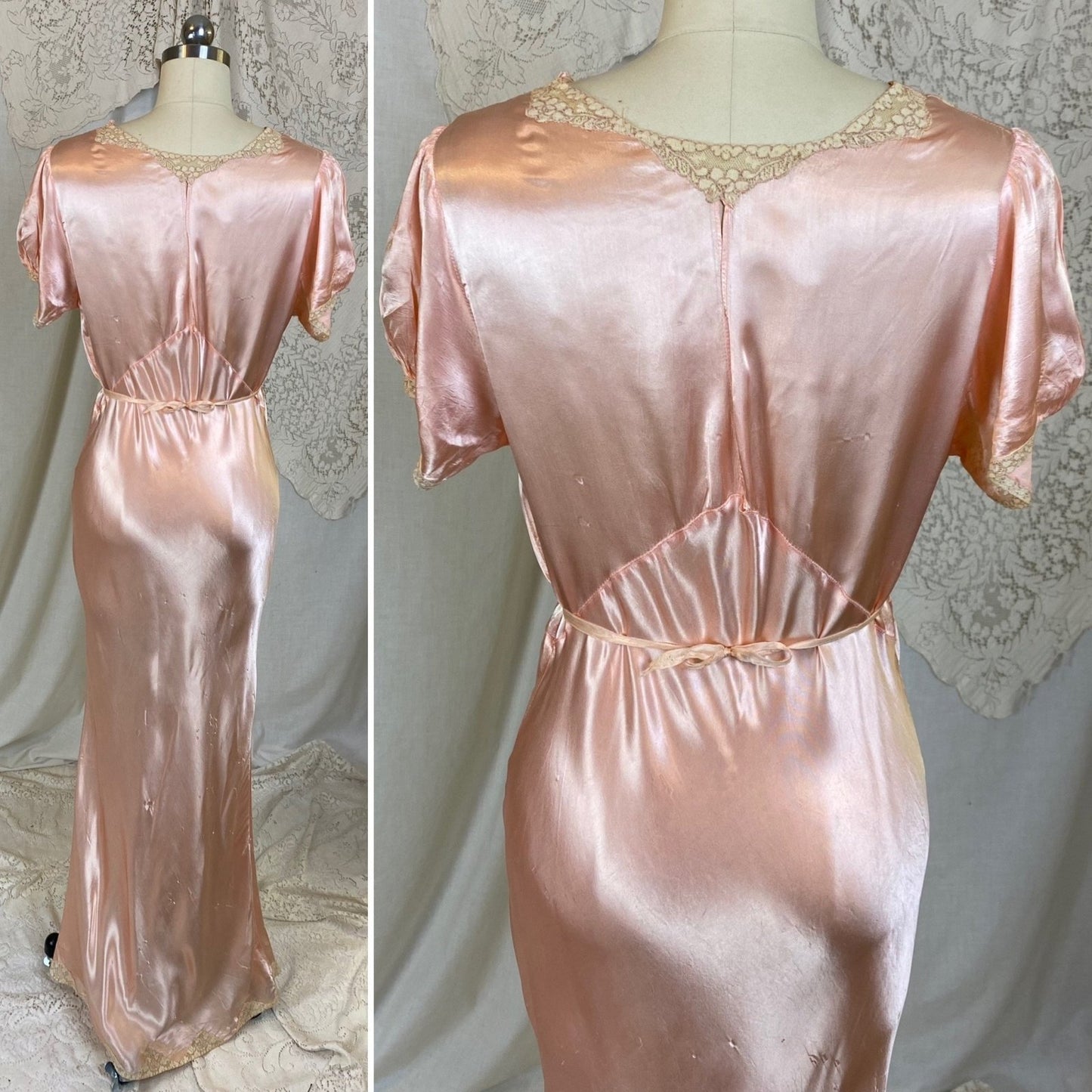 Vintage 1940's Nightgown | Rose Pink Rayon Satin with Ivory Floral Lace | Size M, LG - Daggers & Dames