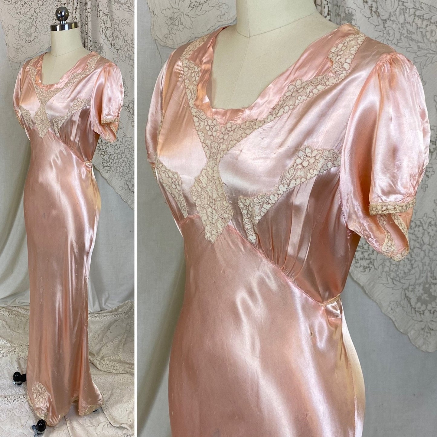 Vintage 1940's Nightgown | Rose Pink Rayon Satin with Ivory Floral Lace | Size M, LG - Daggers & Dames