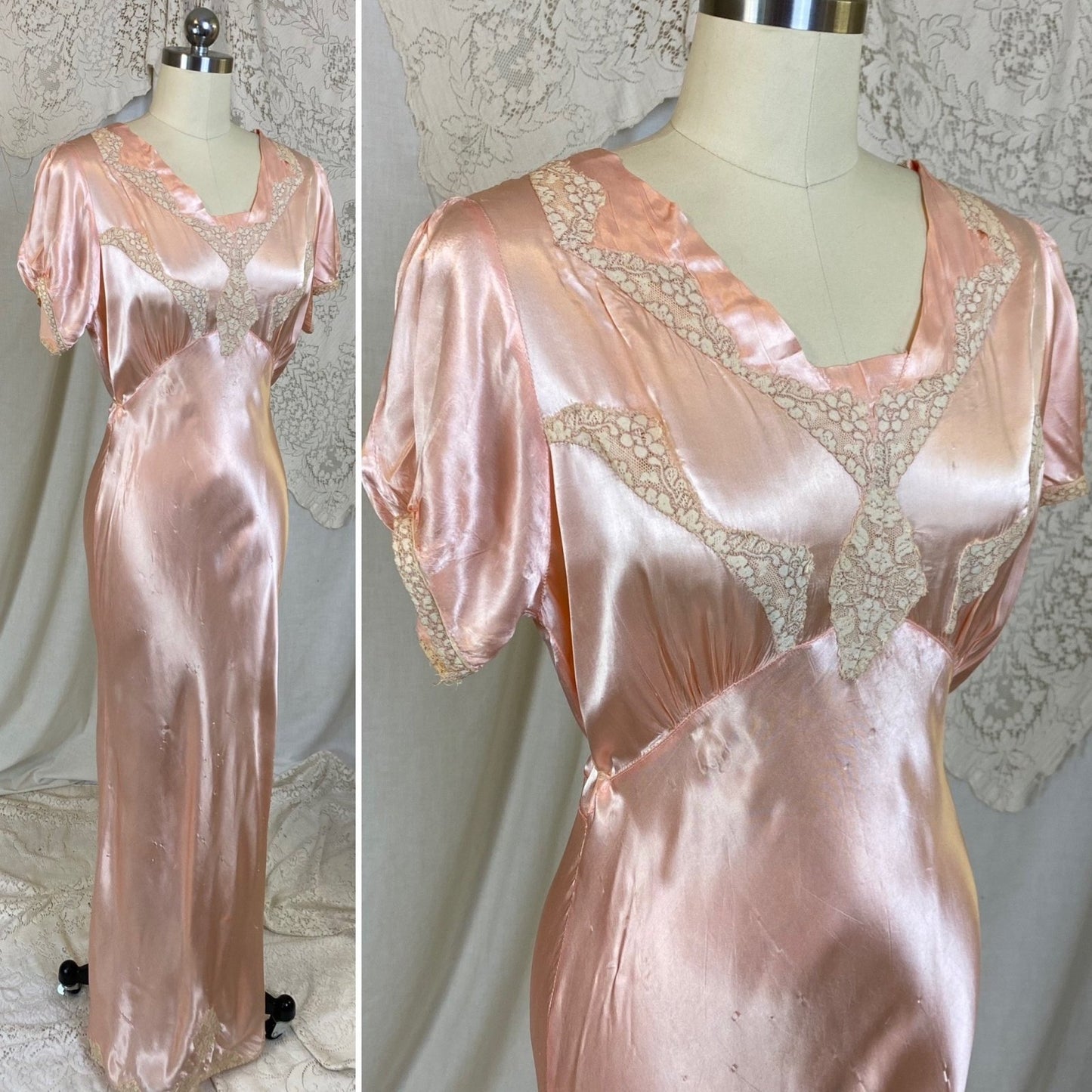 Vintage 1940's Nightgown | Rose Pink Rayon Satin with Ivory Floral Lace | Size M, LG - Daggers & Dames