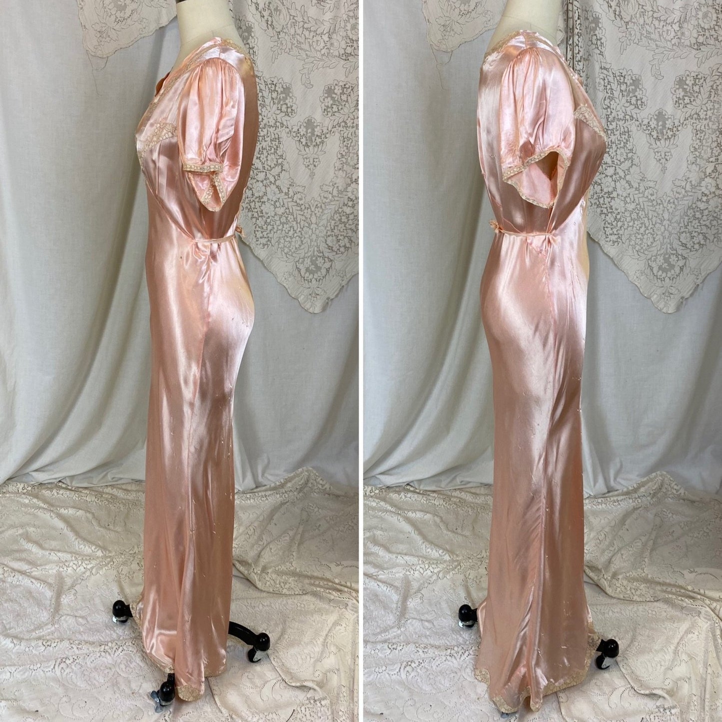 Vintage 1940's Nightgown | Rose Pink Rayon Satin with Ivory Floral Lace | Size M, LG - Daggers & Dames