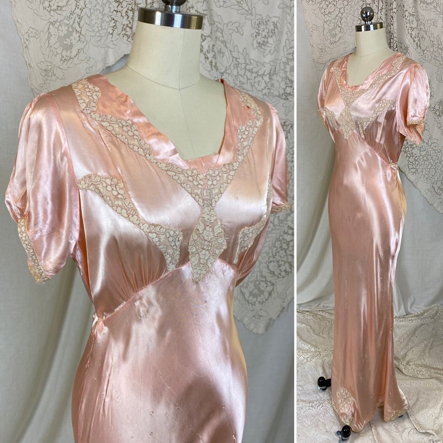 Vintage 1940's Nightgown | Rose Pink Rayon Satin with Ivory Floral Lace | Size M, LG - Daggers & Dames