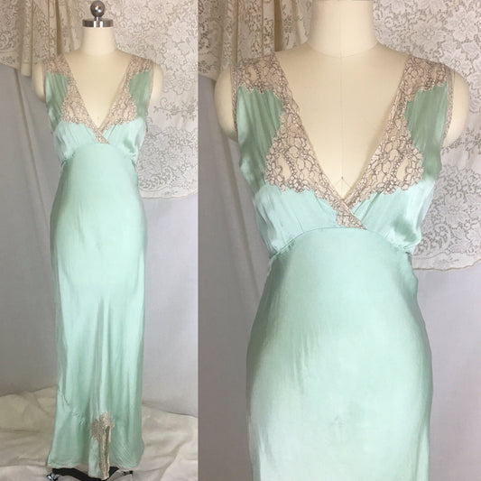 Vintage 1940's Nightgown | Seafoam Green Silk with Ivory Lace | Ro Jene | Size MED - Daggers & Dames