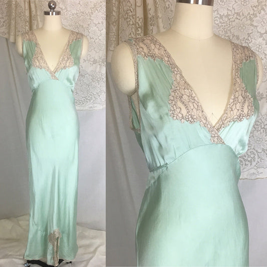 Vintage 1940's Nightgown | Seafoam Green Silk with Ivory Lace | Ro Jene | Size MED - Daggers & Dames