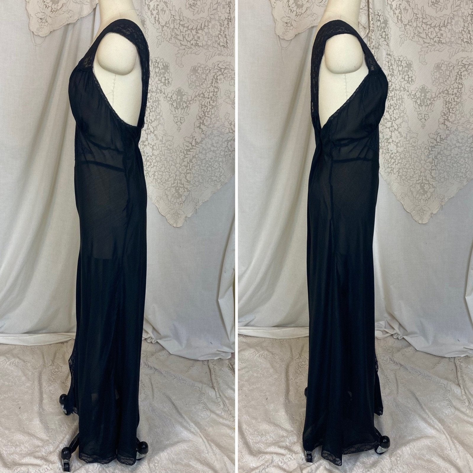 Vintage 1940's Nightgown | Semi Sheer Black Rayon with Floral Lace & Silk Rosettes | Size LG - Daggers & Dames