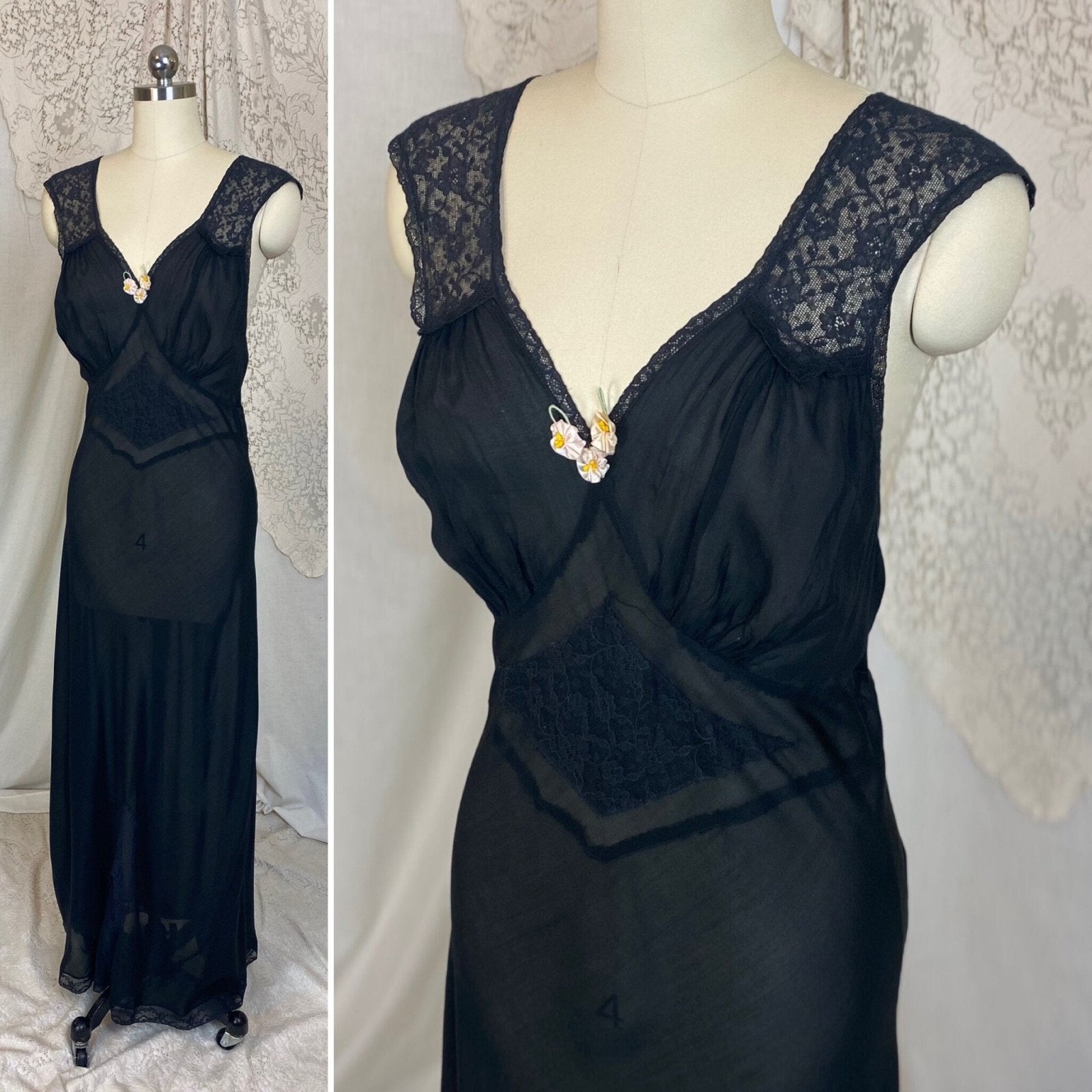 Vintage 1940's Nightgown | Semi Sheer Black Rayon with Floral Lace & Silk Rosettes | Size LG - Daggers & Dames