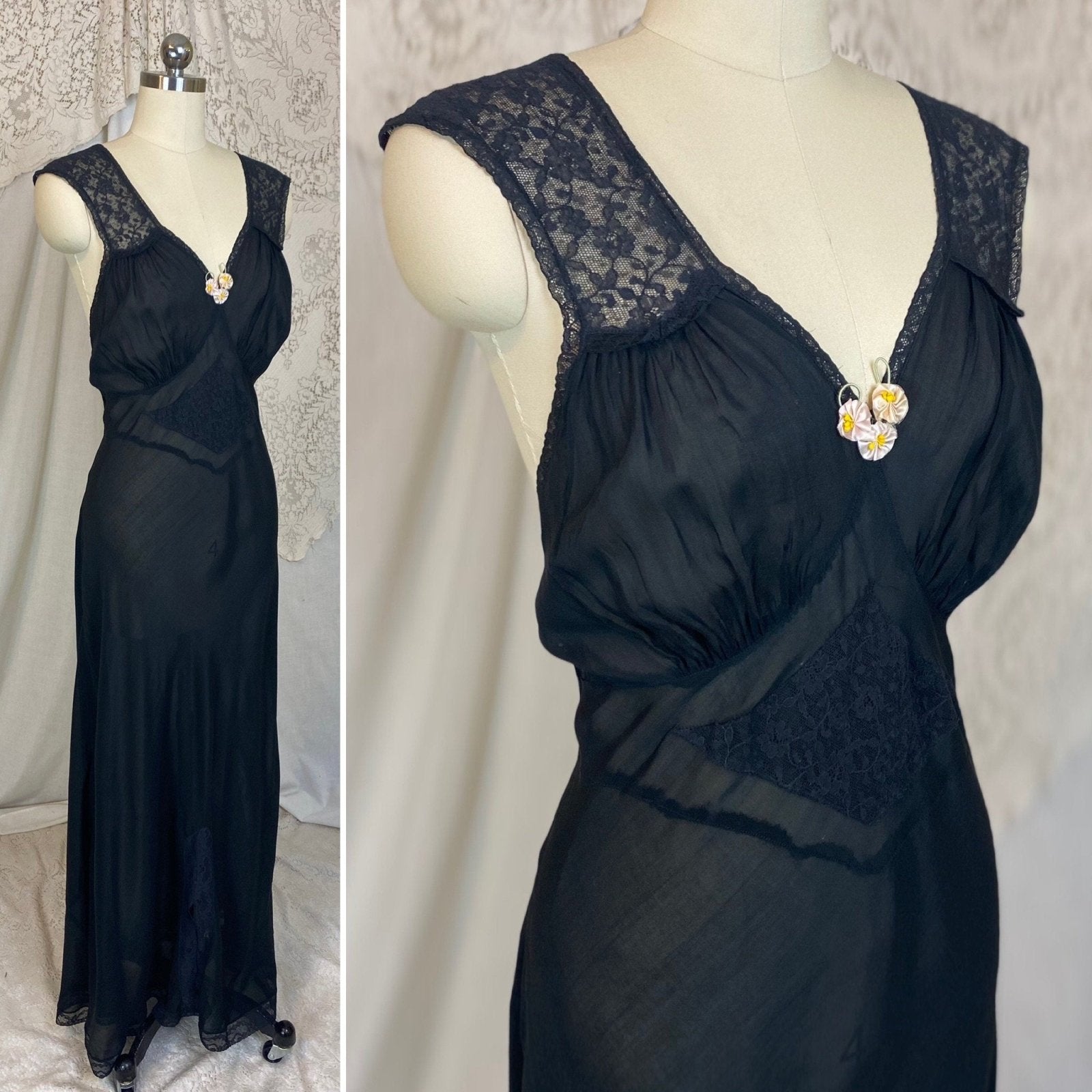 Vintage 1940's Nightgown | Semi Sheer Black Rayon with Floral Lace & Silk Rosettes | Size LG - Daggers & Dames