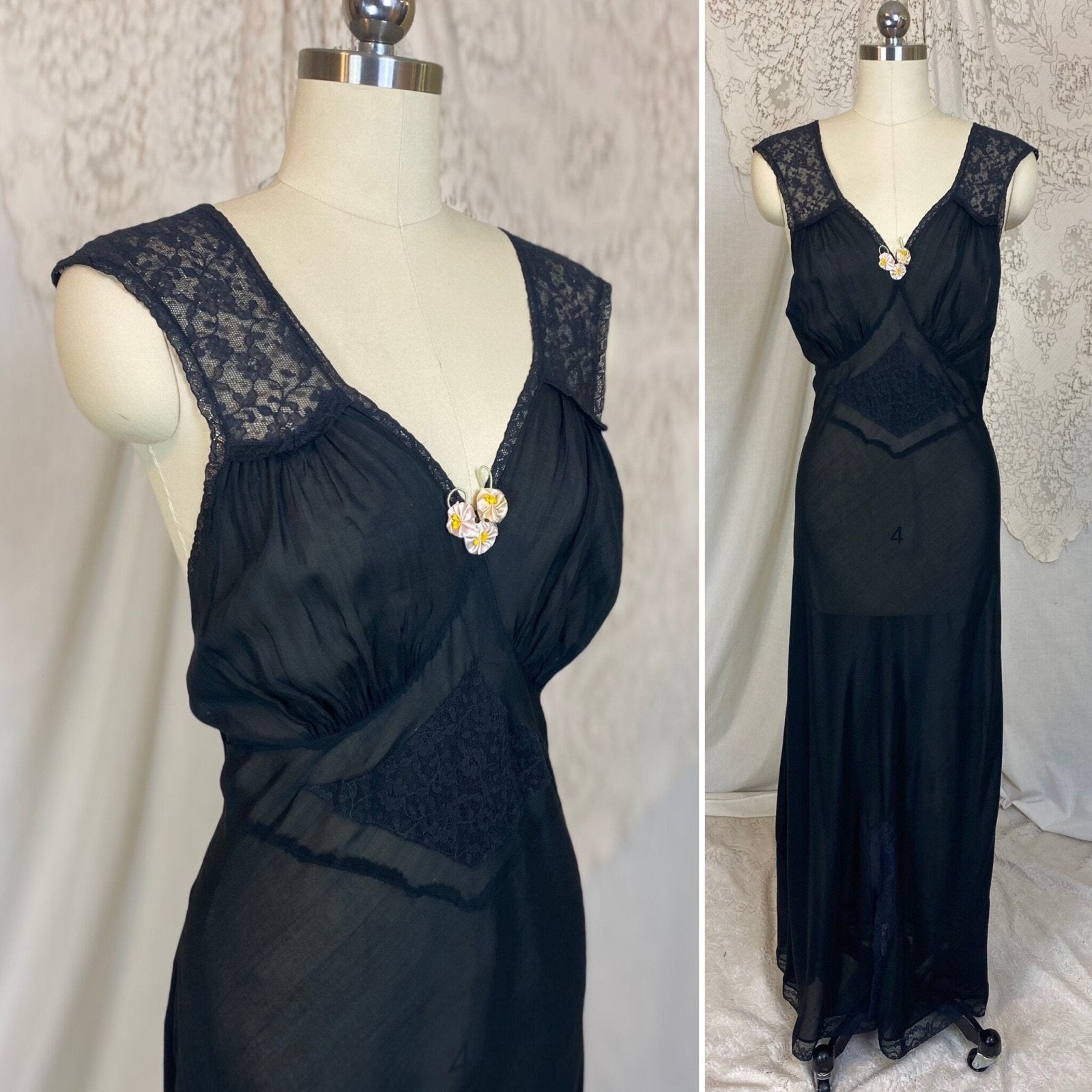 Vintage 1940's Nightgown | Semi Sheer Black Rayon with Floral Lace & Silk Rosettes | Size LG - Daggers & Dames