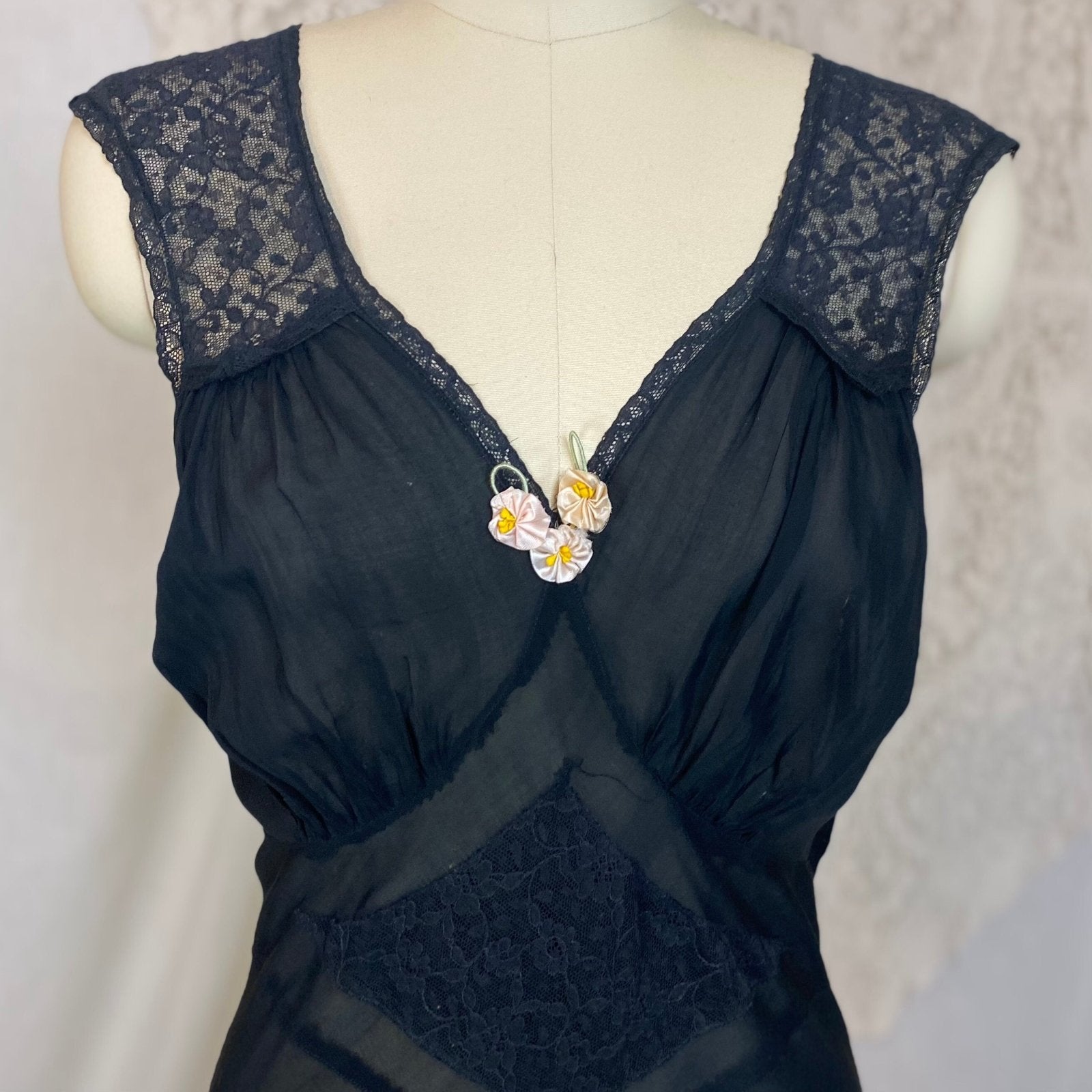 Vintage 1940's Nightgown | Semi Sheer Black Rayon with Floral Lace & Silk Rosettes | Size LG - Daggers & Dames