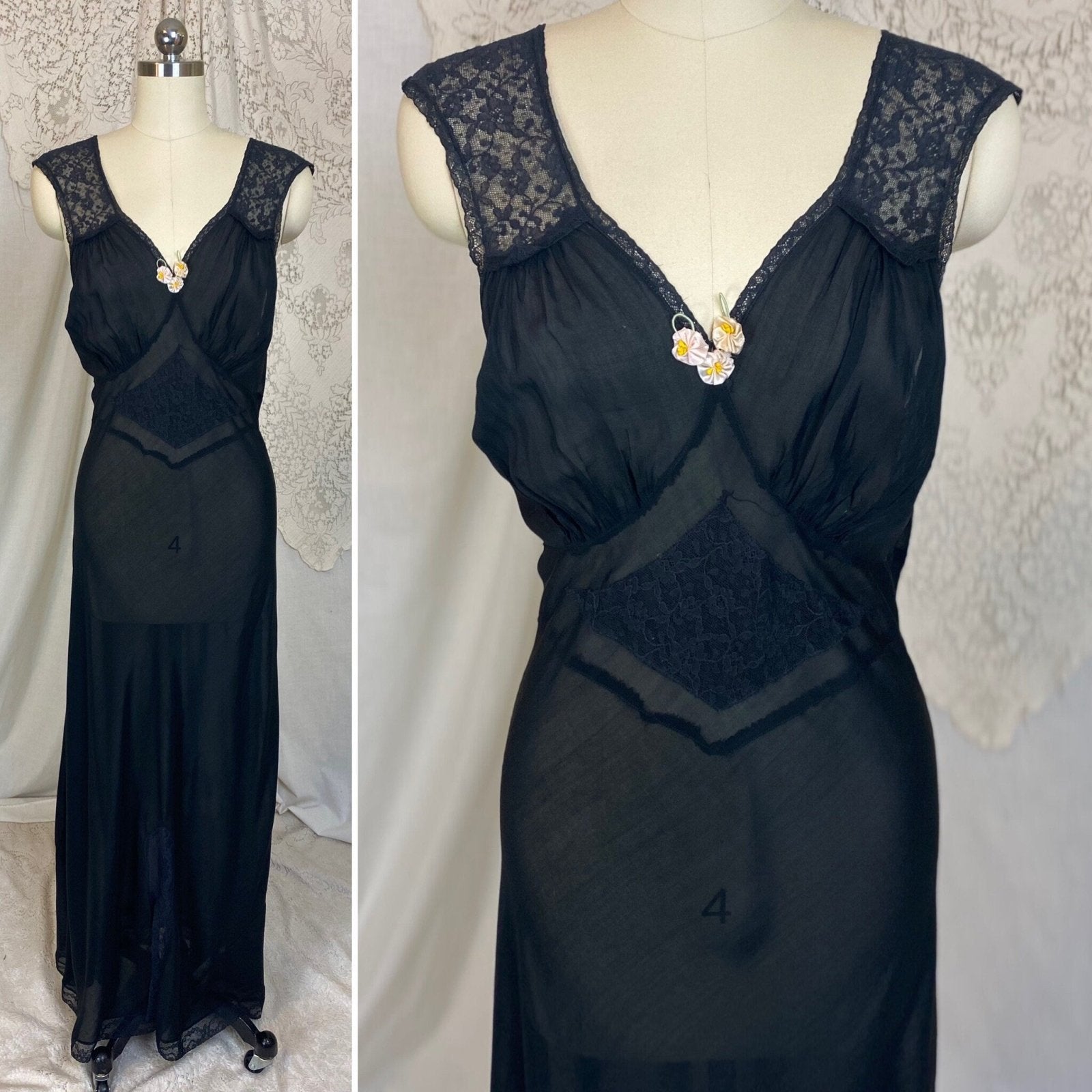 Vintage 1940's Nightgown | Semi Sheer Black Rayon with Floral Lace & Silk Rosettes | Size LG - Daggers & Dames
