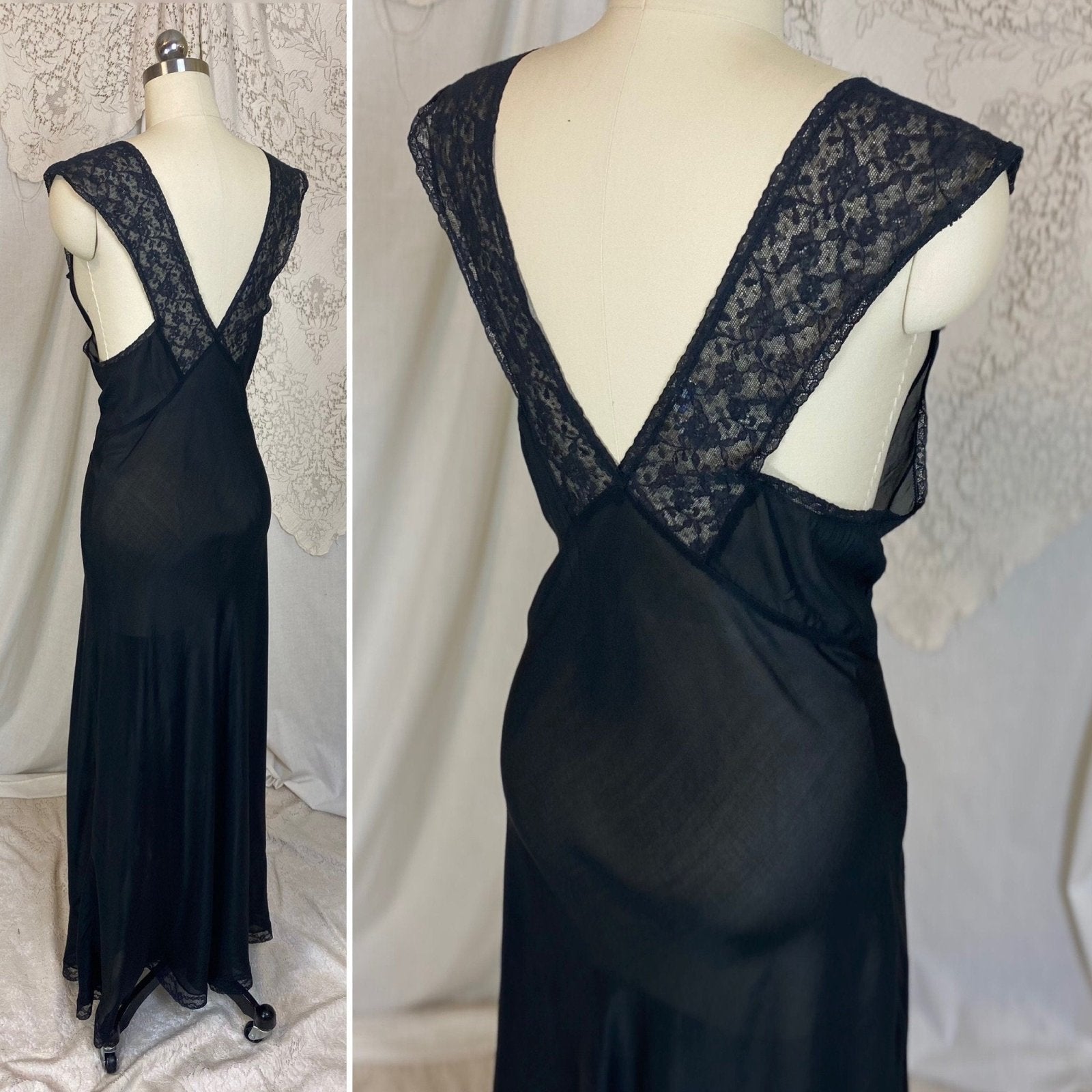 Vintage 1940's Nightgown | Semi Sheer Black Rayon with Floral Lace & Silk Rosettes | Size LG - Daggers & Dames