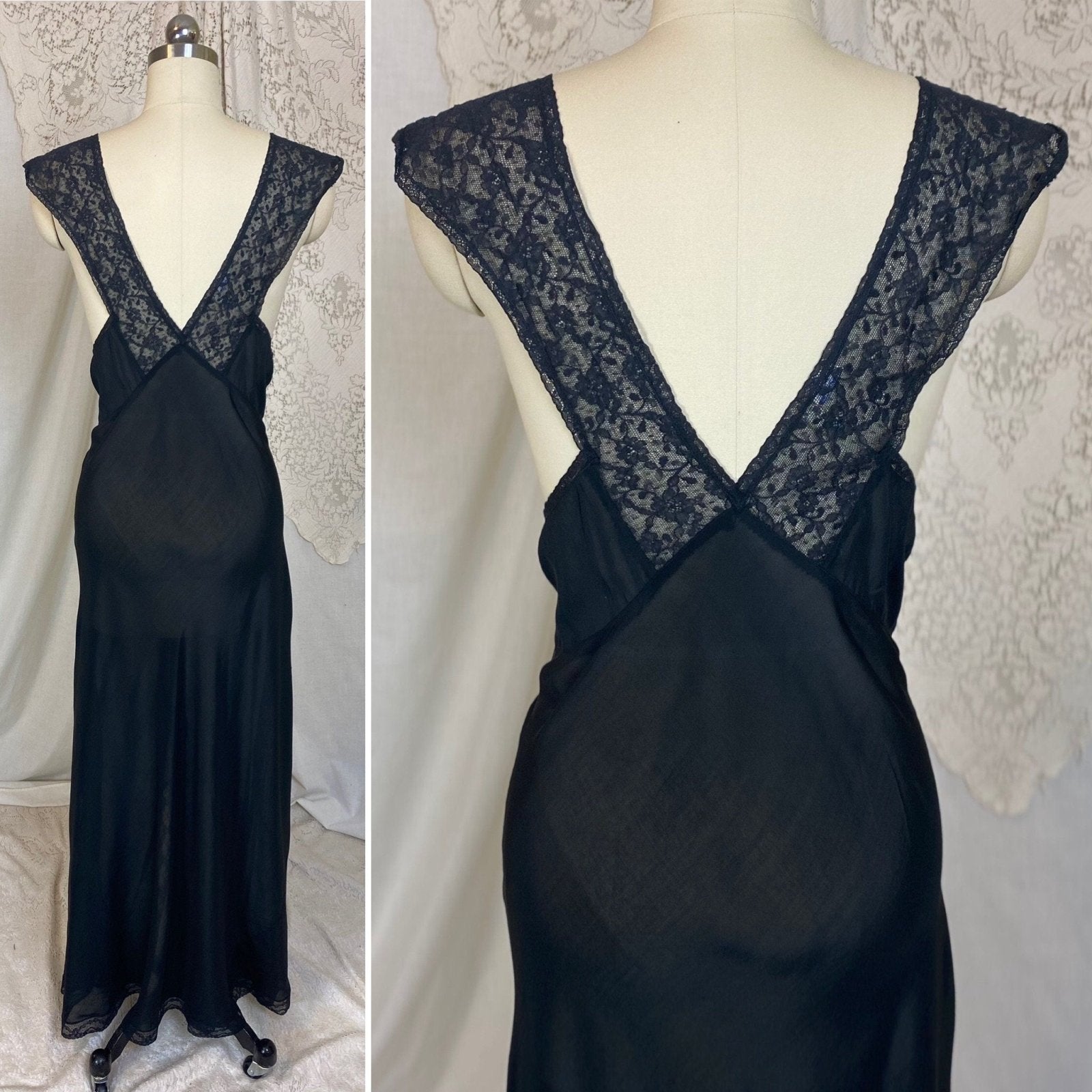 Vintage 1940's Nightgown | Semi Sheer Black Rayon with Floral Lace & Silk Rosettes | Size LG - Daggers & Dames