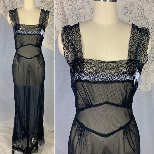 Vintage 1940's Nightgown | Sheer Black Rayon Chiffon with Icy Blue Ribbon & Lace | Size S | Never Worn - Daggers & Dames