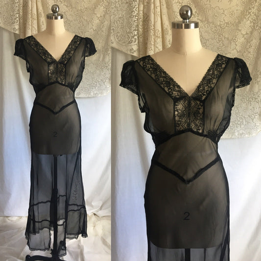 Vintage 1940's Nightgown | Sheer Black Rayon Chiffon with Lace & Cap Sleeves | New Old Stock | Size XS, S - Daggers & Dames