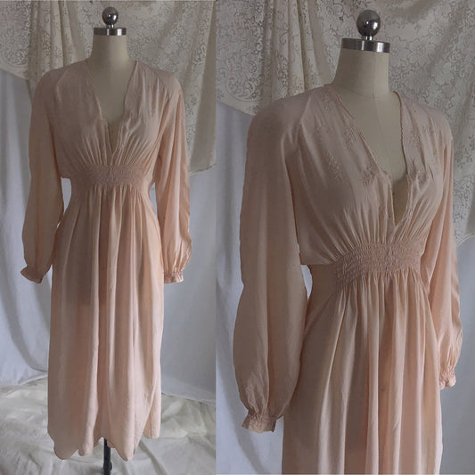 Vintage 1940's Nightgown | Sheer Pink Taupe Silk Chiffon with Floral Embroidery & Peasant Sleeves | Size M, LG - Daggers & Dames