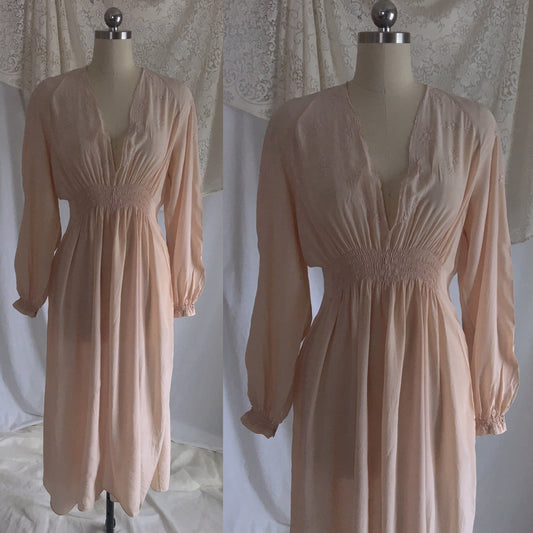 Vintage 1940's Nightgown | Sheer Pink Taupe Silk Chiffon with Floral Embroidery & Peasant Sleeves | Size M, LG - Daggers & Dames