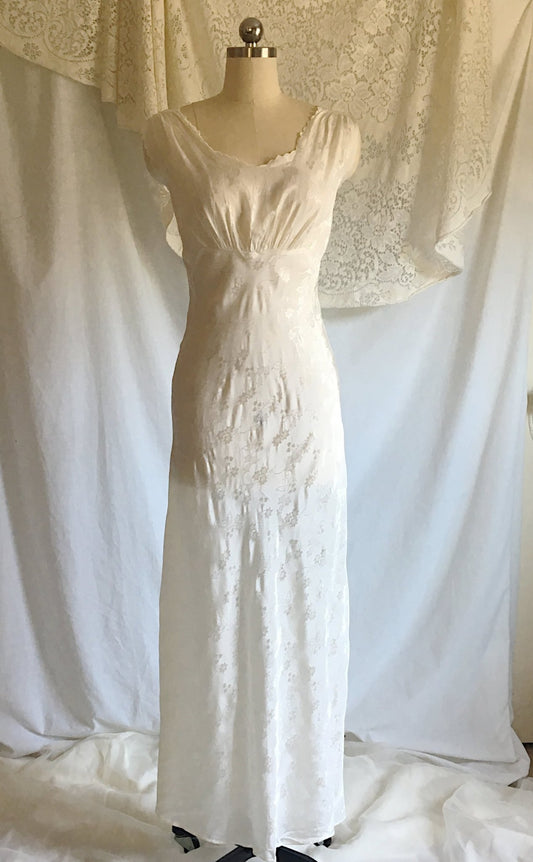Vintage 1940's Nightgown | Sheer White Acetate with Floral Damask & Bias Cut | Bridal Lingerie | Size M, LG - Daggers & Dames